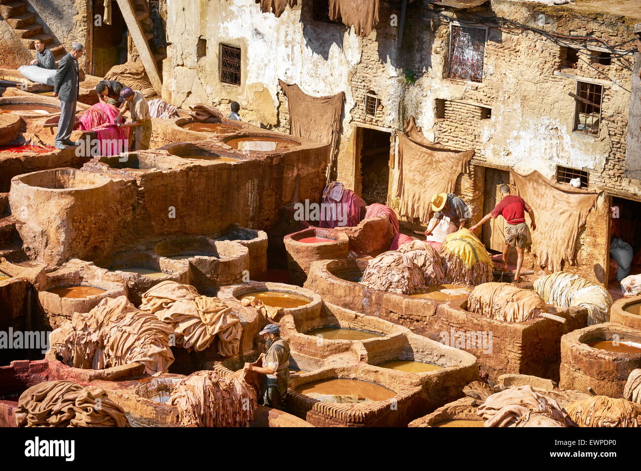 Traditionelle Leder Chouwara Gerberei, Fes Medina, Marokko, Afrika Stockfoto