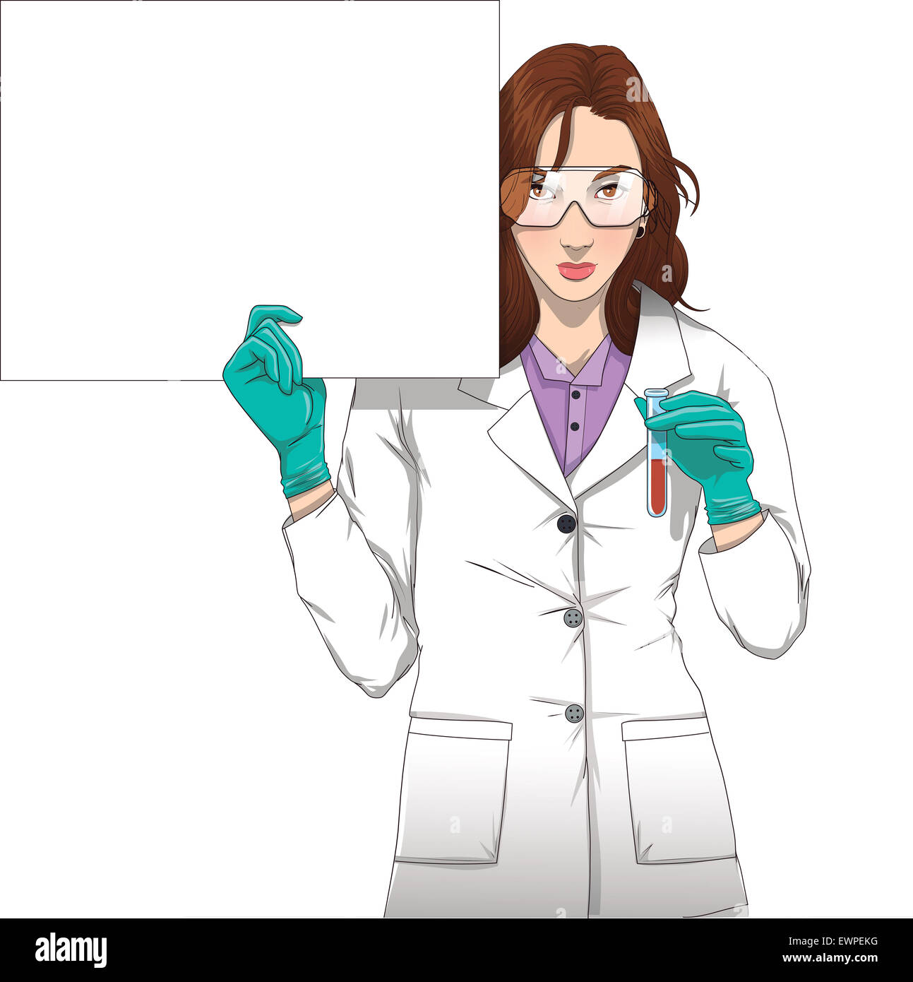 Porträt der Wissenschaftlerin hält Reagenzglas und zeigt leere Plakat Stockfoto