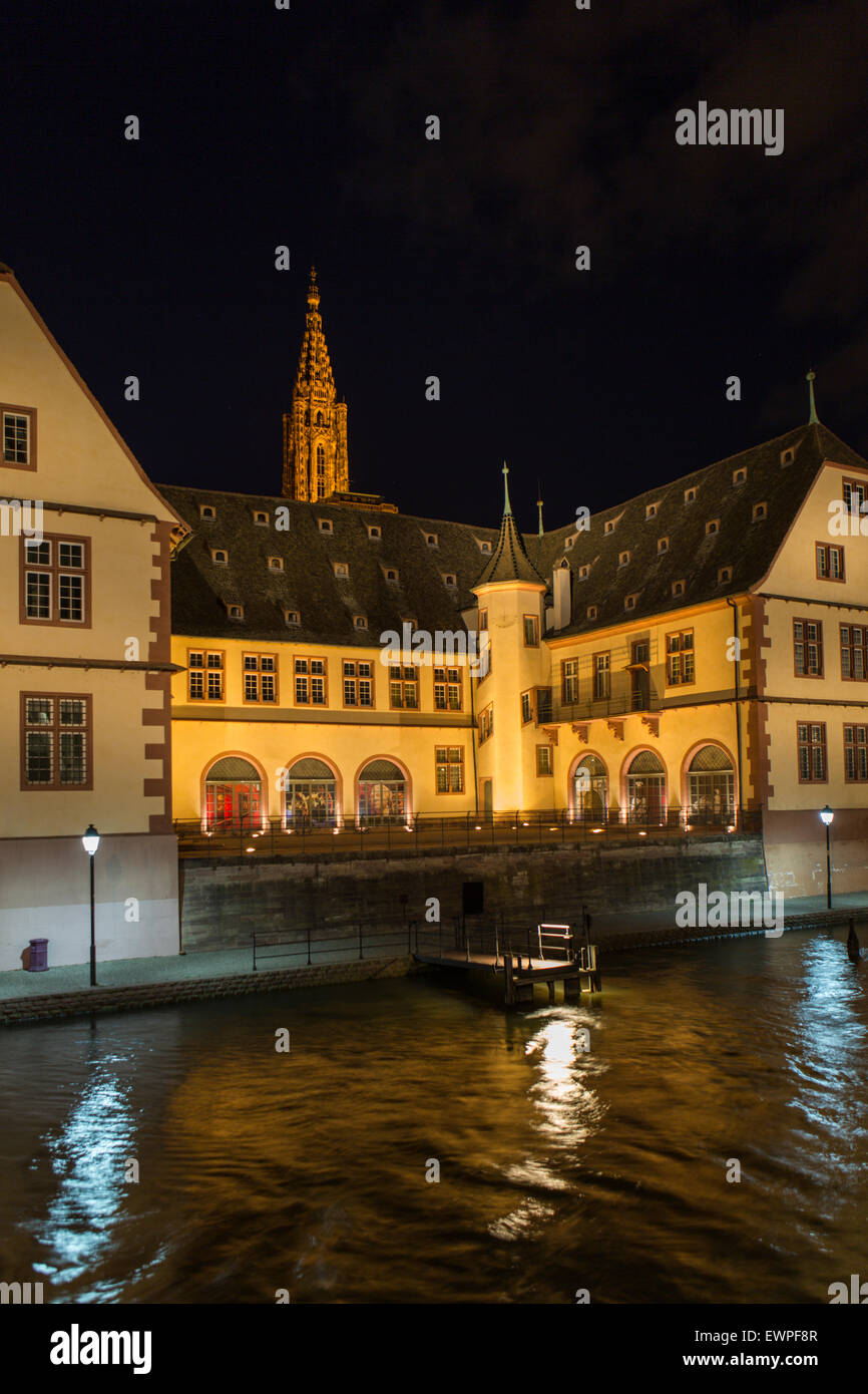 Fluss und Kathedrale Spire in der Nacht, Straßburg, Elsass, Frankreich Stockfoto