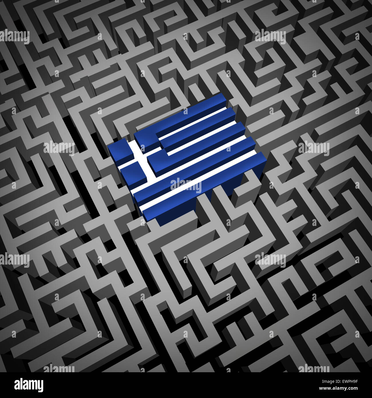 Griechenland-Krise oder griechischen Schulden Krise und Sparmaßnahmen-Management-Konzept als die blau-weißen Flagge in einem komplizierten Irrgarten oder Labyrinth als Athen finanzielle Metapher für die europäische Wirtschaft Soziales. Stockfoto