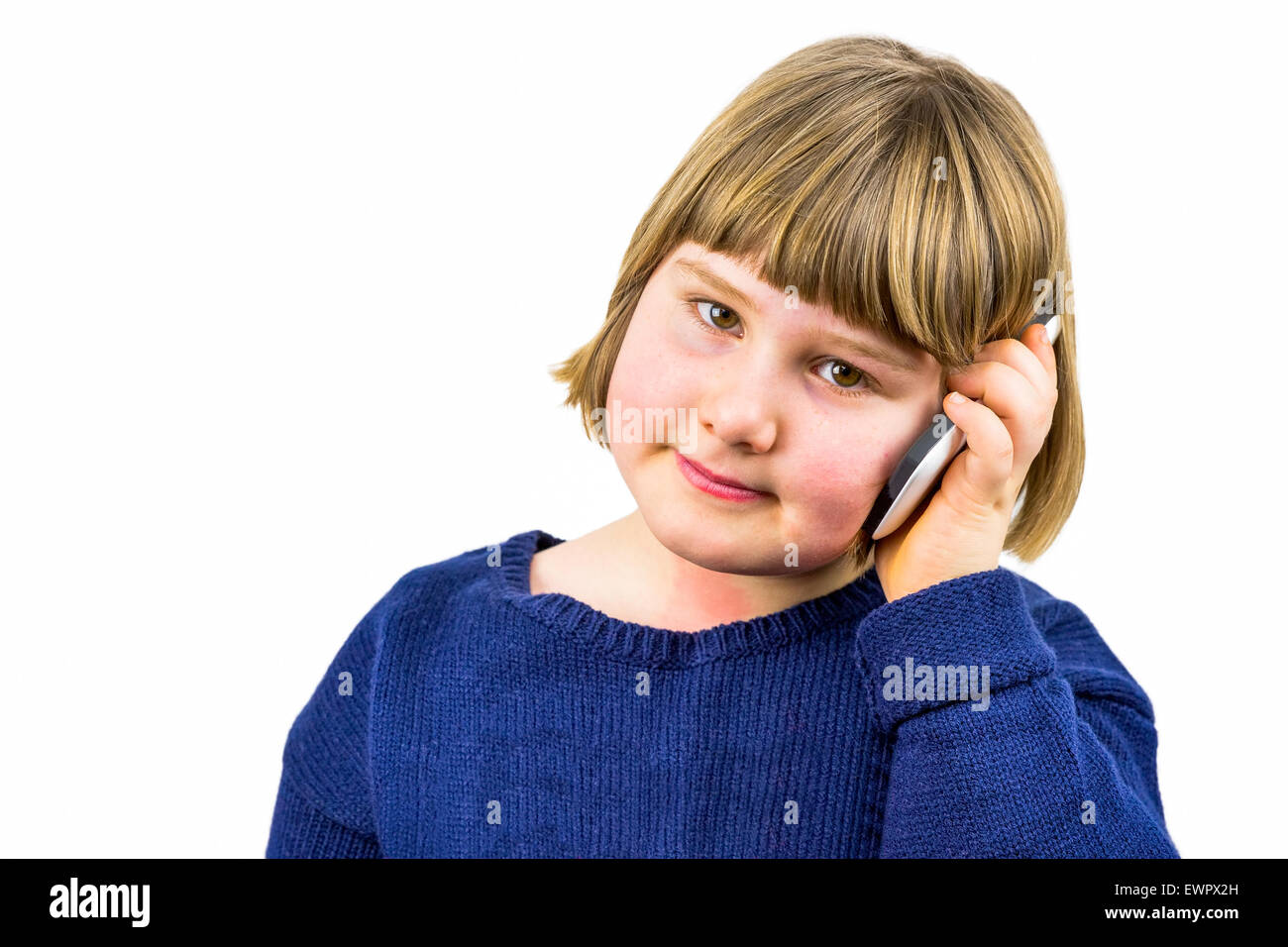 Kaukasische Mädchen telefonieren mit Handy isoliert auf weißem Hintergrund Stockfoto