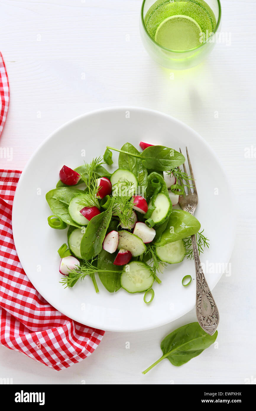 Salat mit Radieschen und Spinat essen Draufsicht Stockfoto