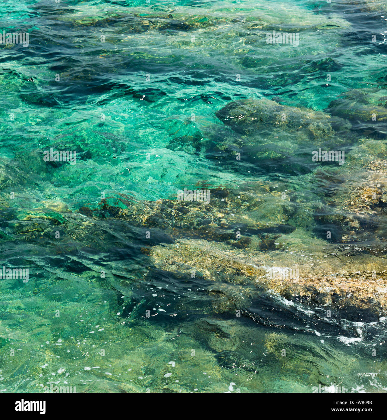 transparentes Wasser plätschern, marine Felsen und Sonneneinstrahlung Blendung. Meeresboden Tapete Stockfoto