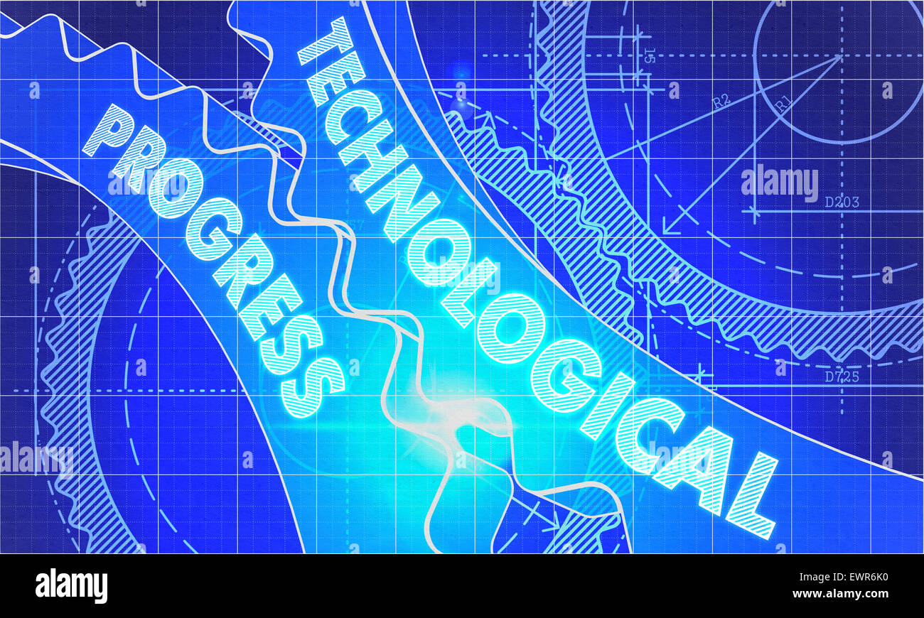 Technologischen Fortschritt Konzept. Bauplan Hintergrund mit Zahnrädern. Industrie-Design. 3D Illustration, Lens Flare. Stockfoto