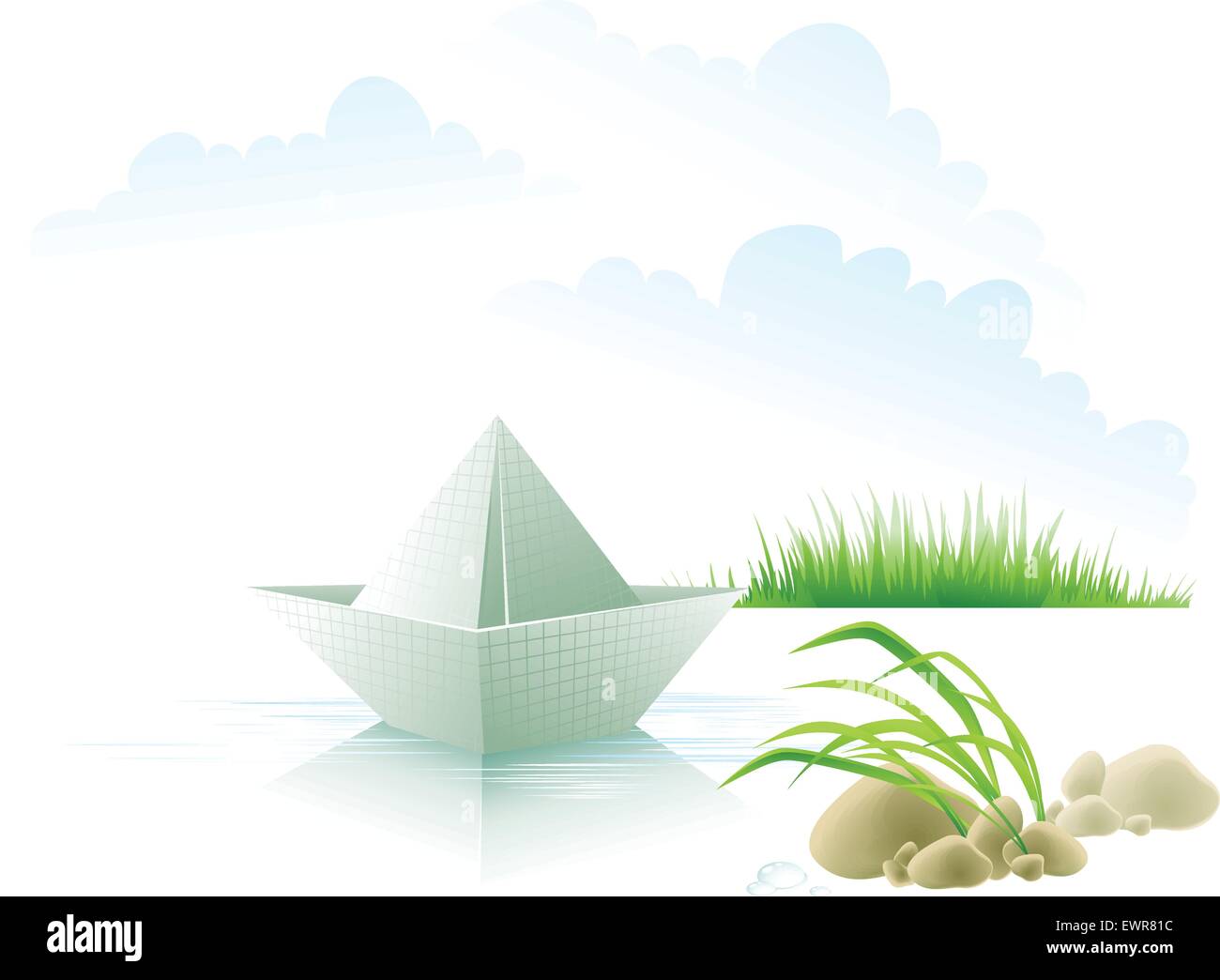 Das Papier-Schiff auf dem Wasser über eine Grass. Stock Vektor