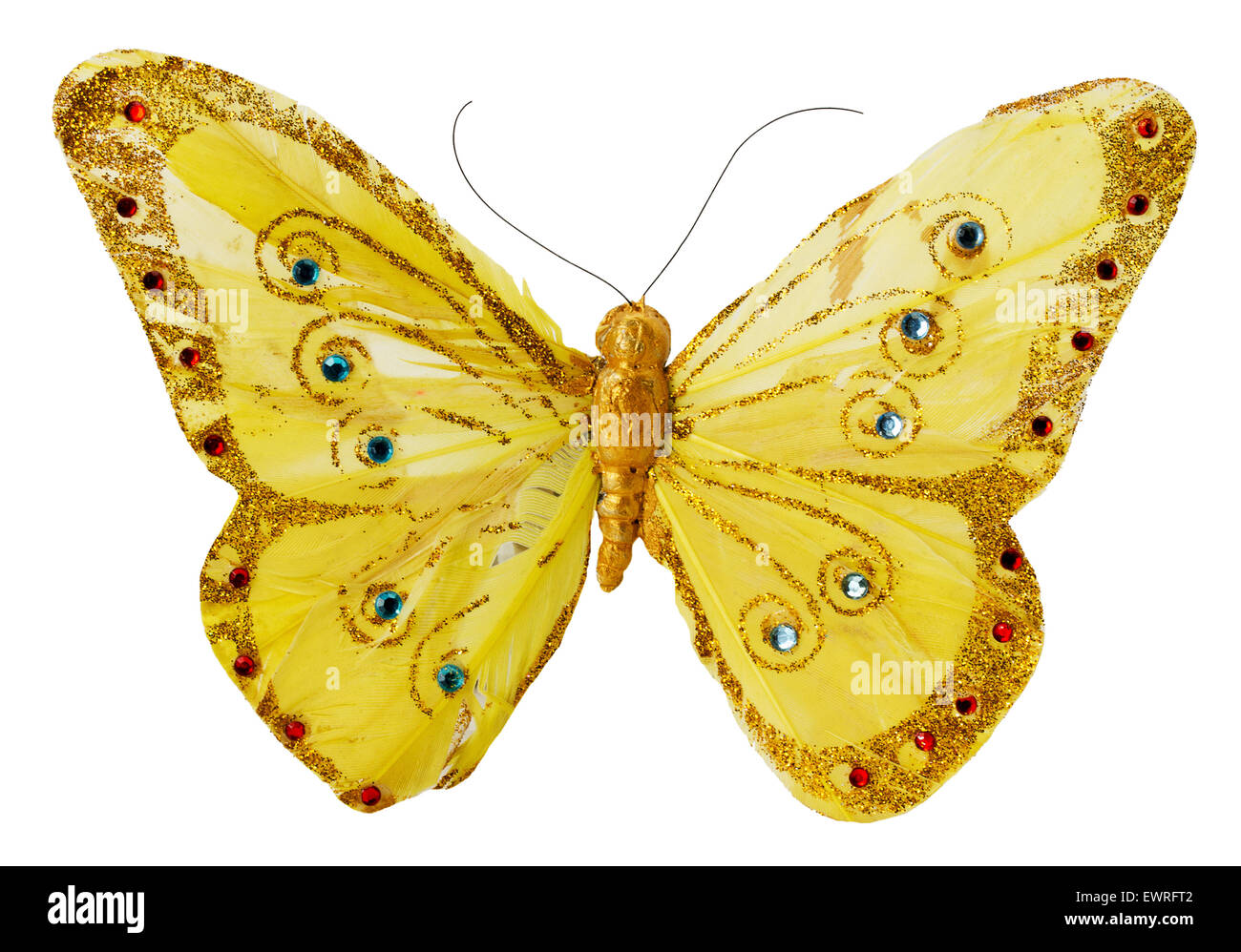 künstliche Goldener Schmetterling auf dem weißen Hintergrund isoliert. Stockfoto