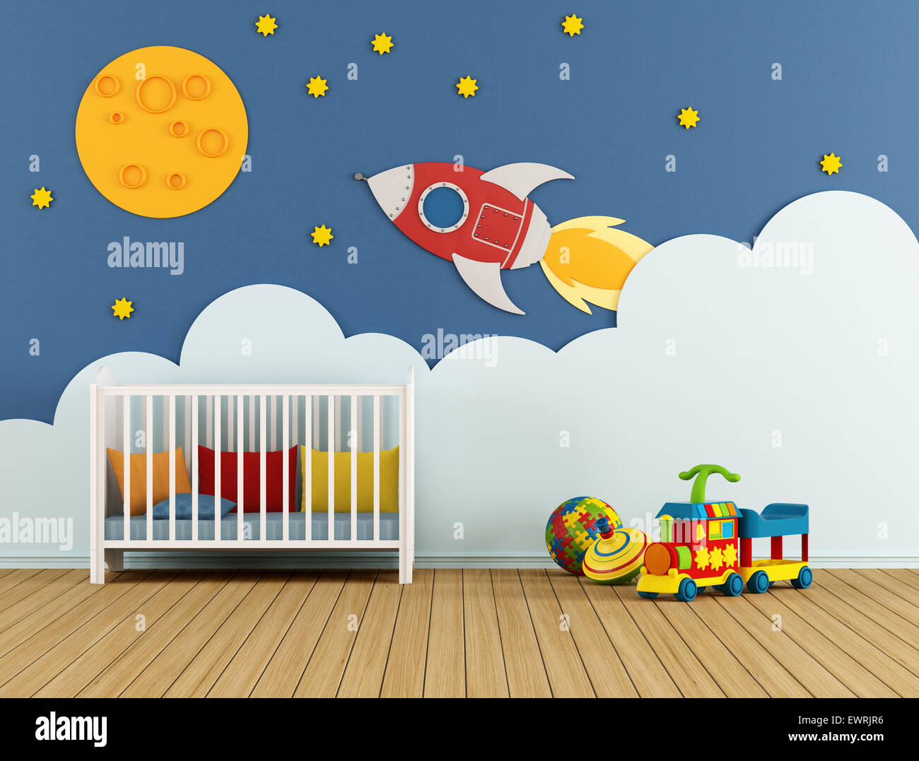 Babyzimmer mit Wiege und Dekoration auf Wand - 3D Rendering Stockfoto
