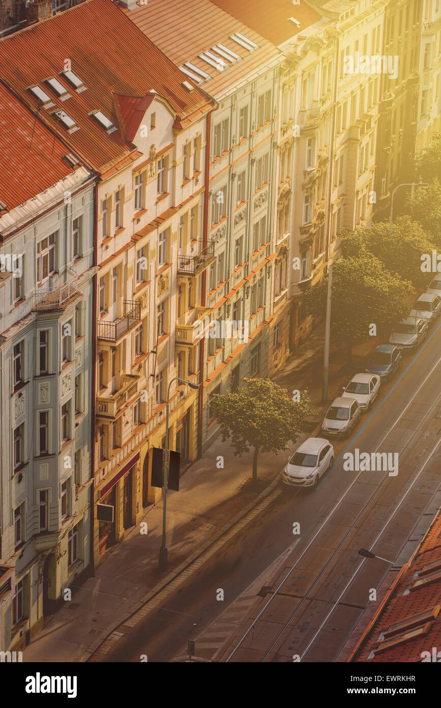 Prag, Luftaufnahme von Vysehrad Gebäuden, alten Teil der Hauptstadt der Tschechischen Republik, Vintage Retro-Ton-Effekt mit Sonnenlicht Stockfoto