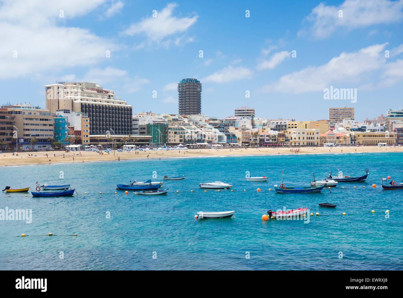 Blick auf Las Canteras Strand von La Puntilla, Las Palmas, Gran Canaria, Kanarische Inseln, Spanien Stockfoto