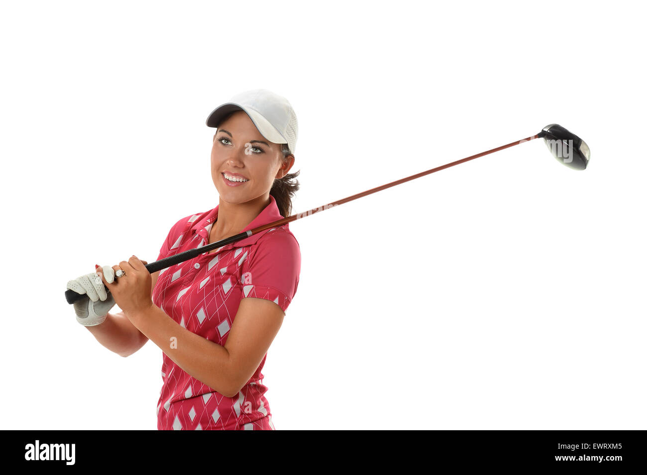 Junge Frau beim Golfen isoliert auf weißem Hintergrund Stockfoto