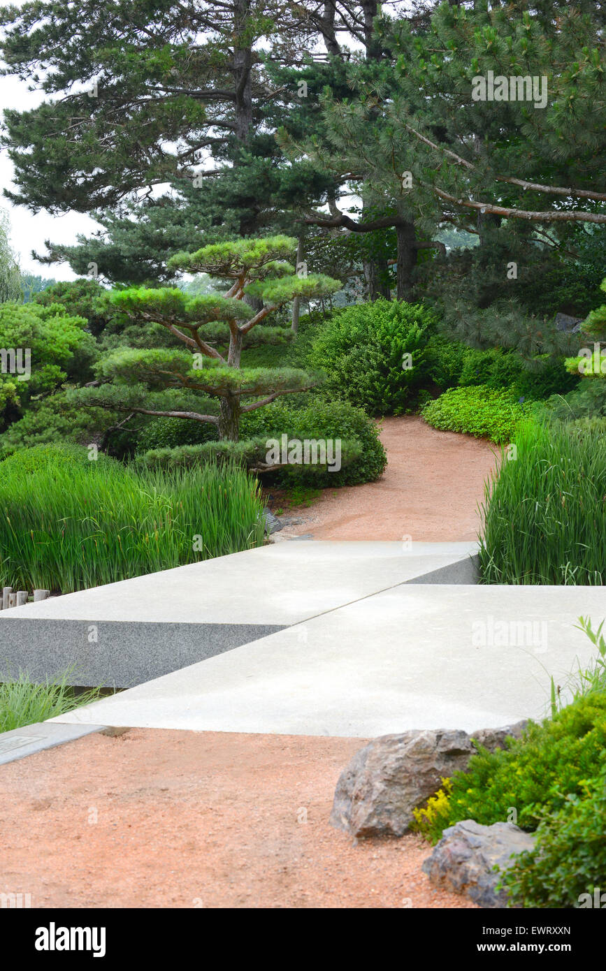 Zick-Zack-Brücke überqueren pro Stream führt zu einem japanischen Garten Ambiente Stockfoto