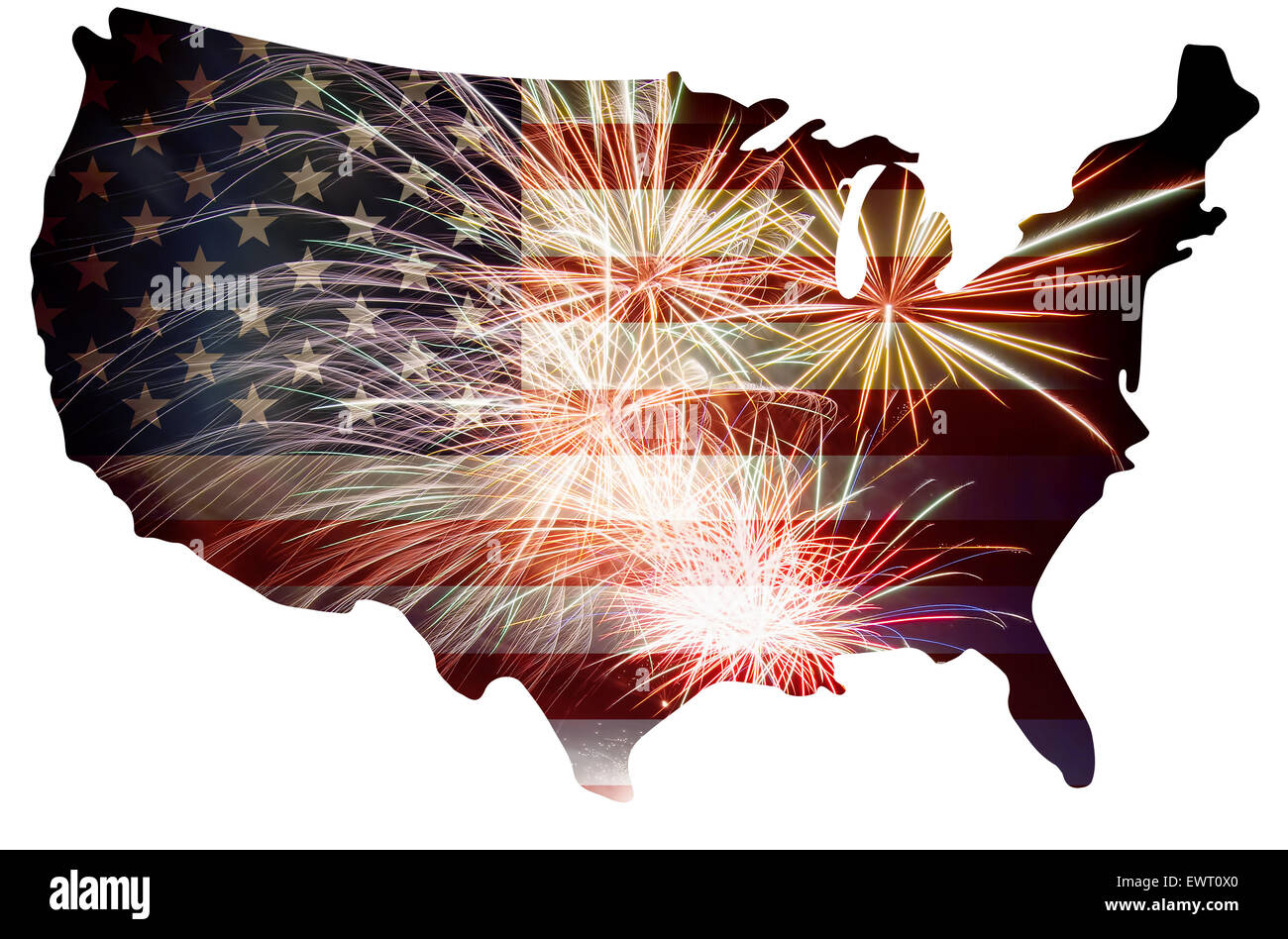 Vereinigte Staaten von Amerika-USA-Flagge in Karte Silhouette Umriss mit Feuerwerk Hintergrund für 4. Juli Illustration Stockfoto