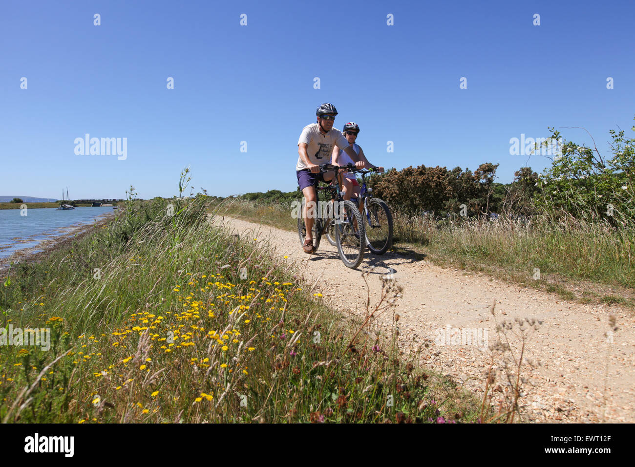 Radfahren auf dem Solent Weg zwischen Lymington und Keyhaven Stockfoto