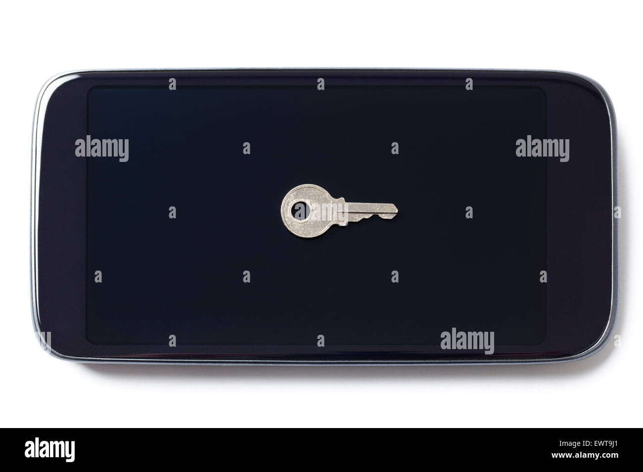 Schwarz Handy mit einem Schlüssel auf dem Bildschirm zu isoliert auf weißem Hintergrund. Stockfoto
