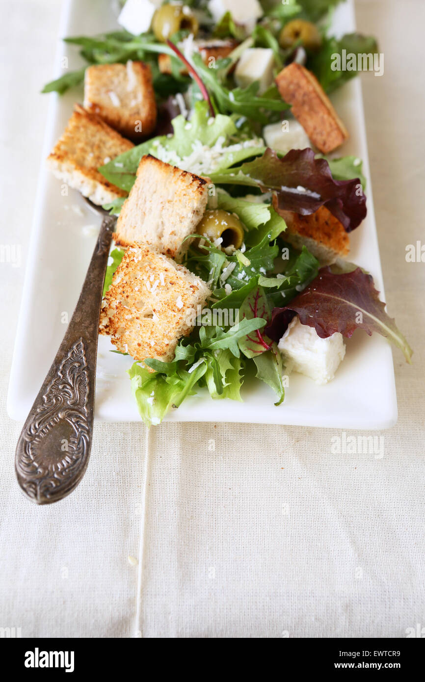 Salat mit Kopfsalat und Croutons, gesunde Ernährung Stockfoto