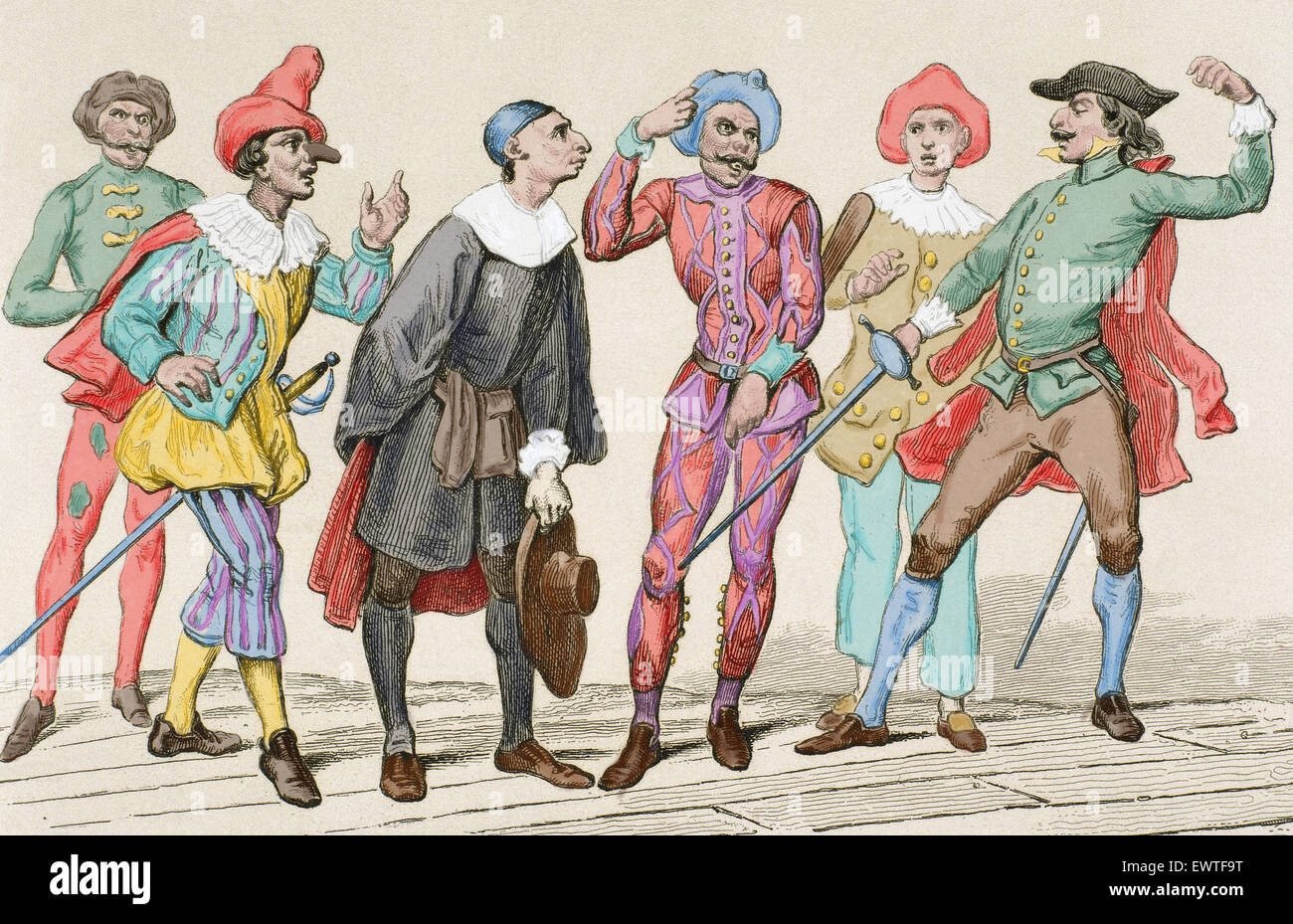 Commedia dell Italienisch. 16. Jahrhundert. Kupferstich, 19. Jahrhundert. Farbige. Stockfoto
