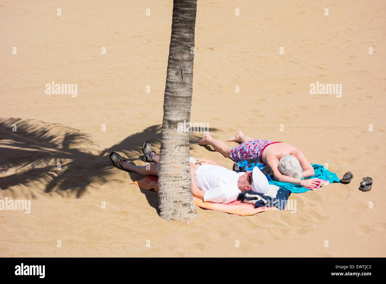 Älteres paar unter Palmen am Strand Stockfoto
