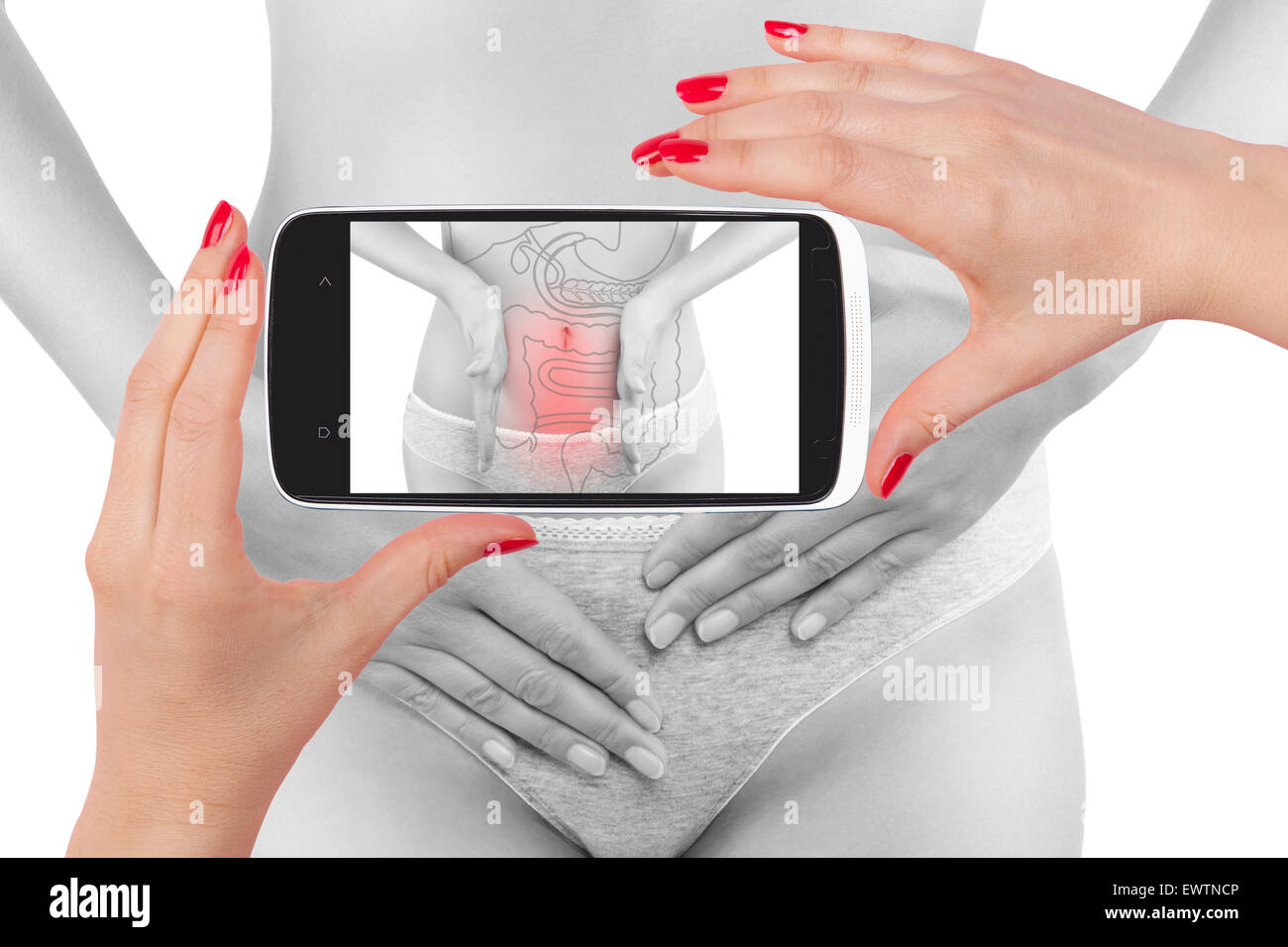 Darm Schmerzen. Moderne High-Tech-Medizin. Schöne Frau Fotografie isoliert auf weißem Hintergrund sehen ihre Diagnose Stockfoto