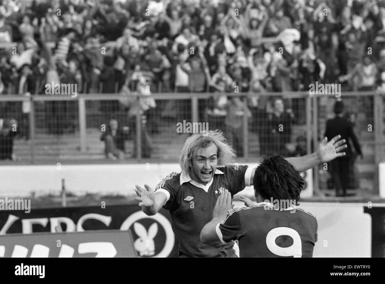 Chelsea, das 4-3 Bolton, League Division One an der Stamford Bridge Samstag, 14. Oktober 1978 übereinstimmen. Chelsea sub Clive Walker in Ekstase nach Gestaltung der vierte und gewinnende Ziel. Stockfoto