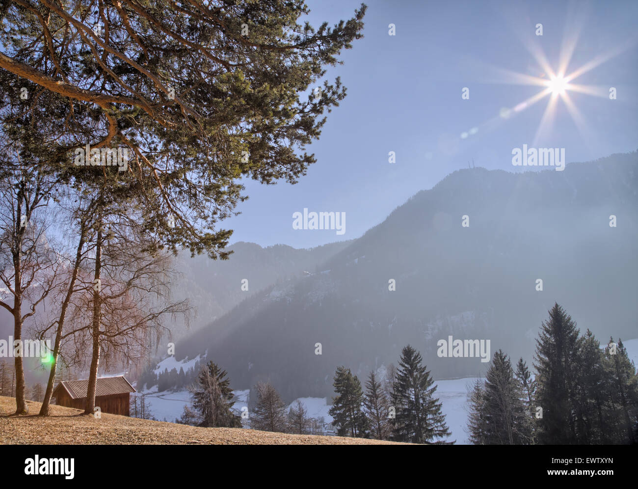 Berghütte auf bräunlich orange Rasen im Tal der Pinienwälder und schneebedeckte Berge im winter Stockfoto