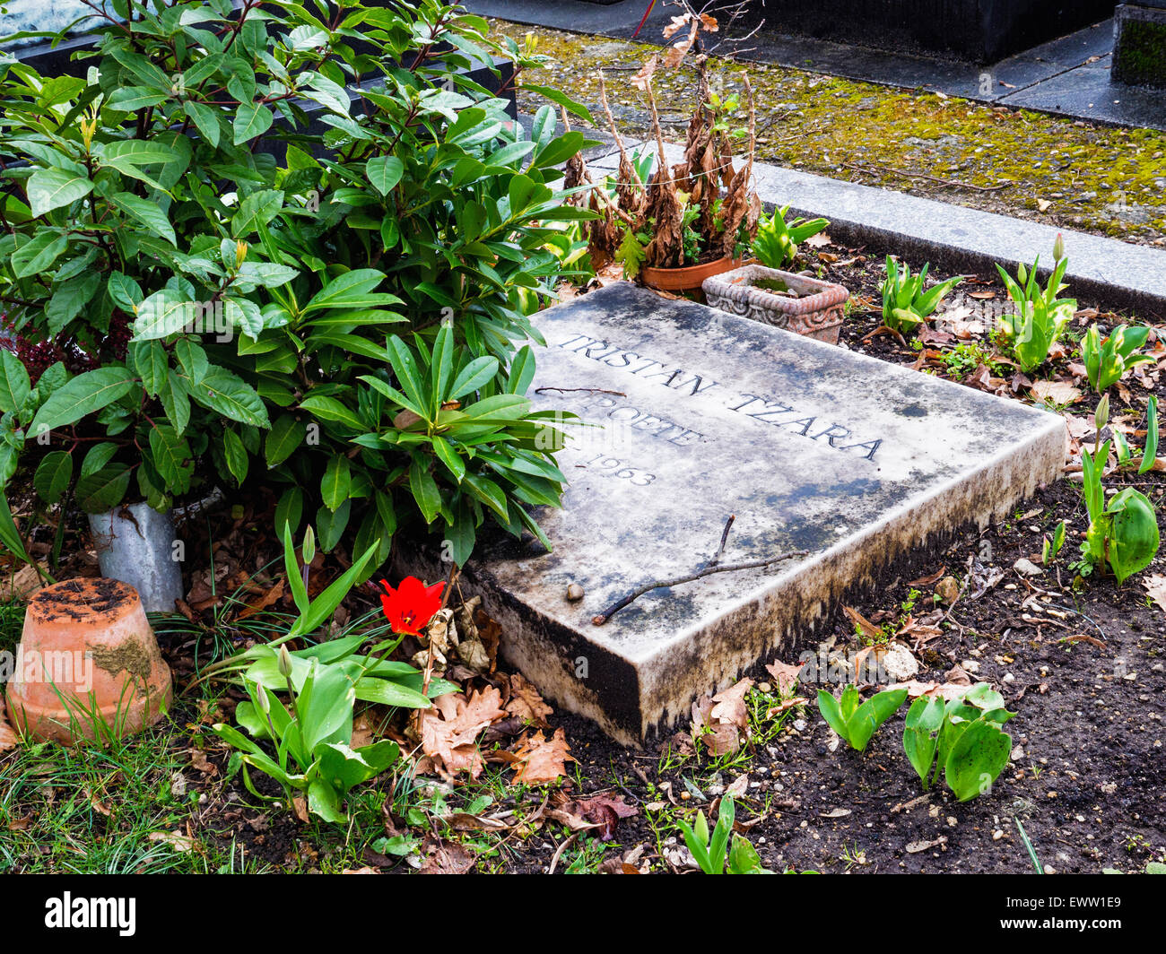 Cimetière du Montparnasse, Paris Montparnasse Friedhof. Grab des berühmten Person, Tristan Tzara, Dichter Stockfoto