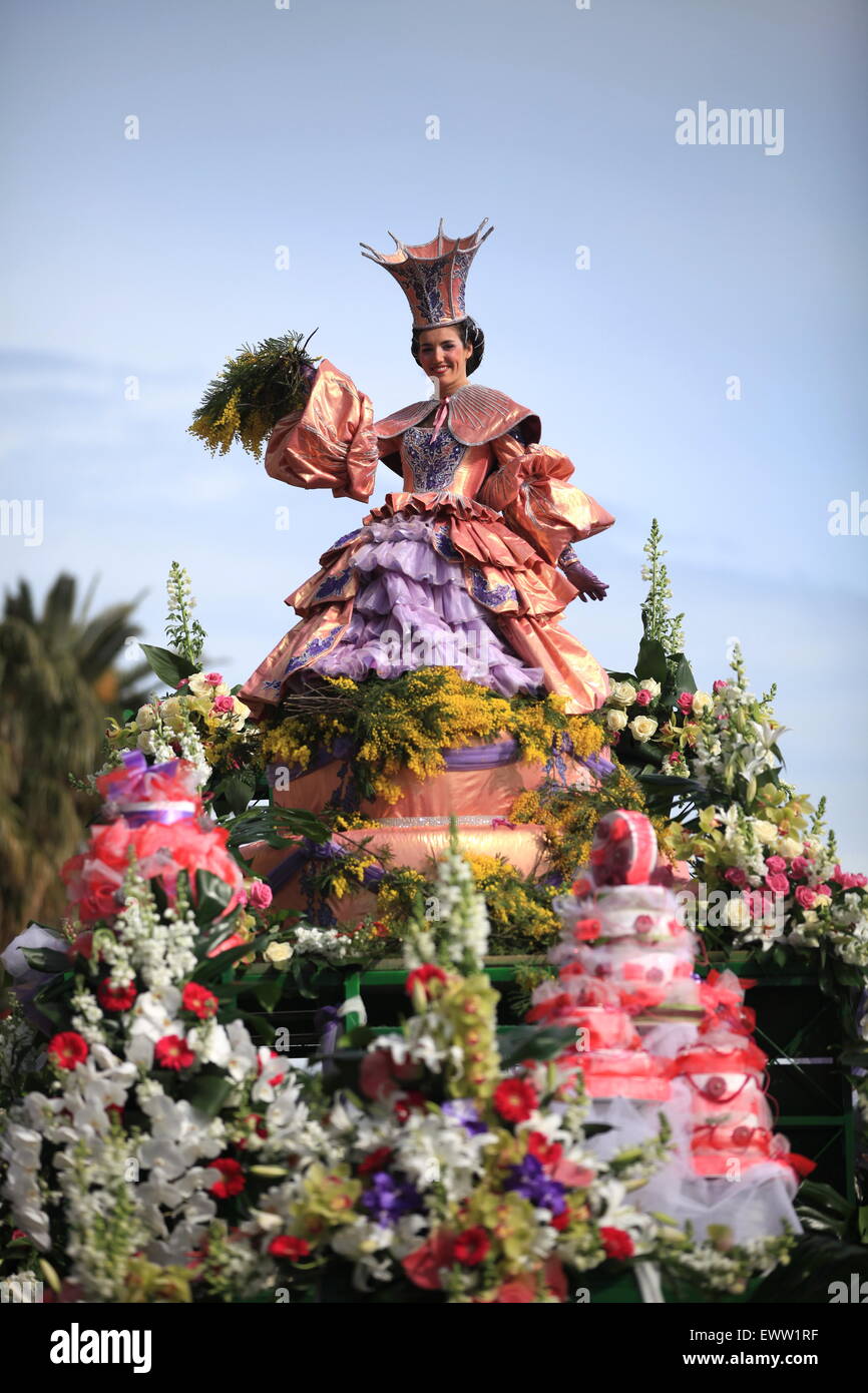 Die Blumenschlacht Bataille des Fleurs, auf der Promenade des Anglais in Nizza Stadt, Frankreich Stockfoto