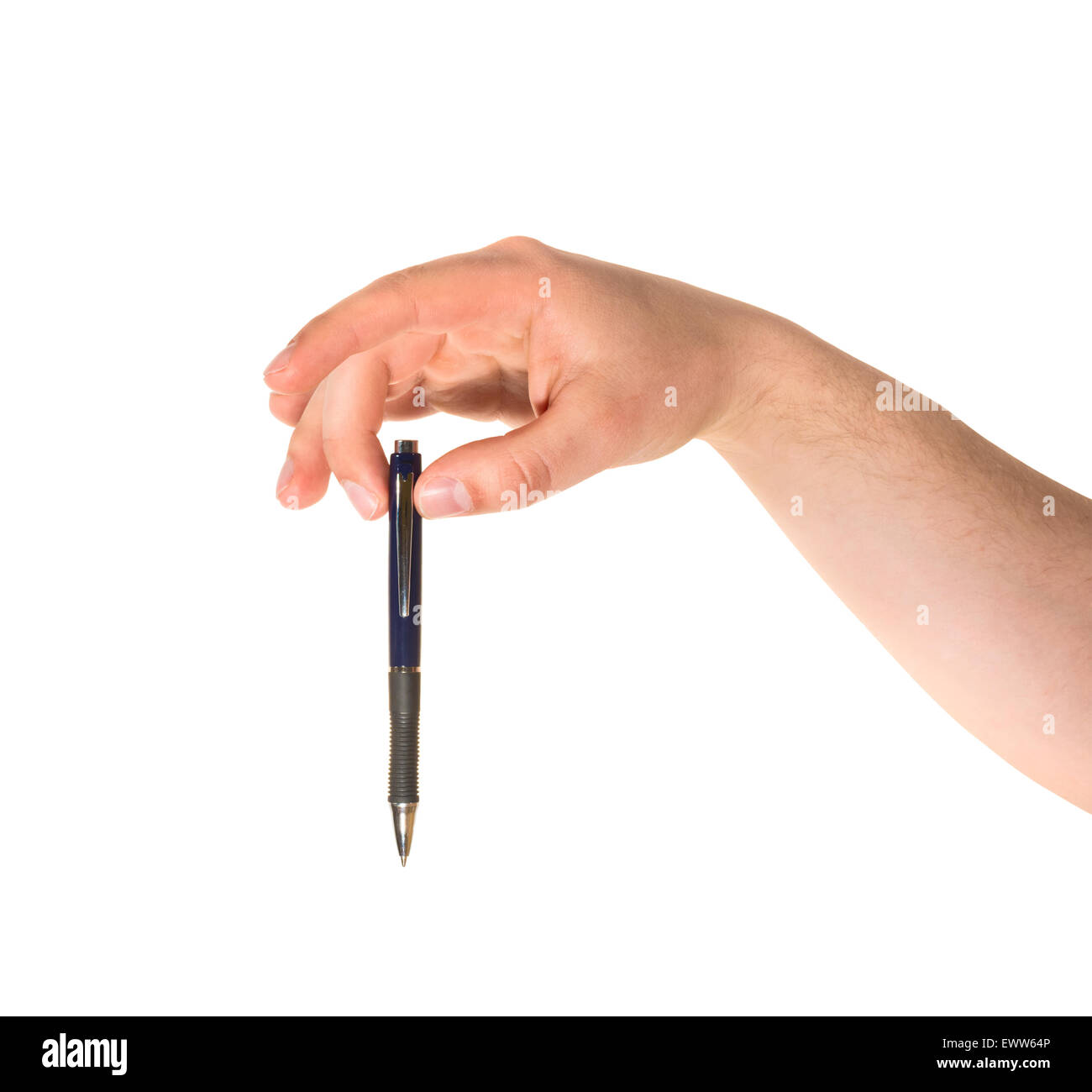 Hand hält einen Stift isoliert Stockfoto