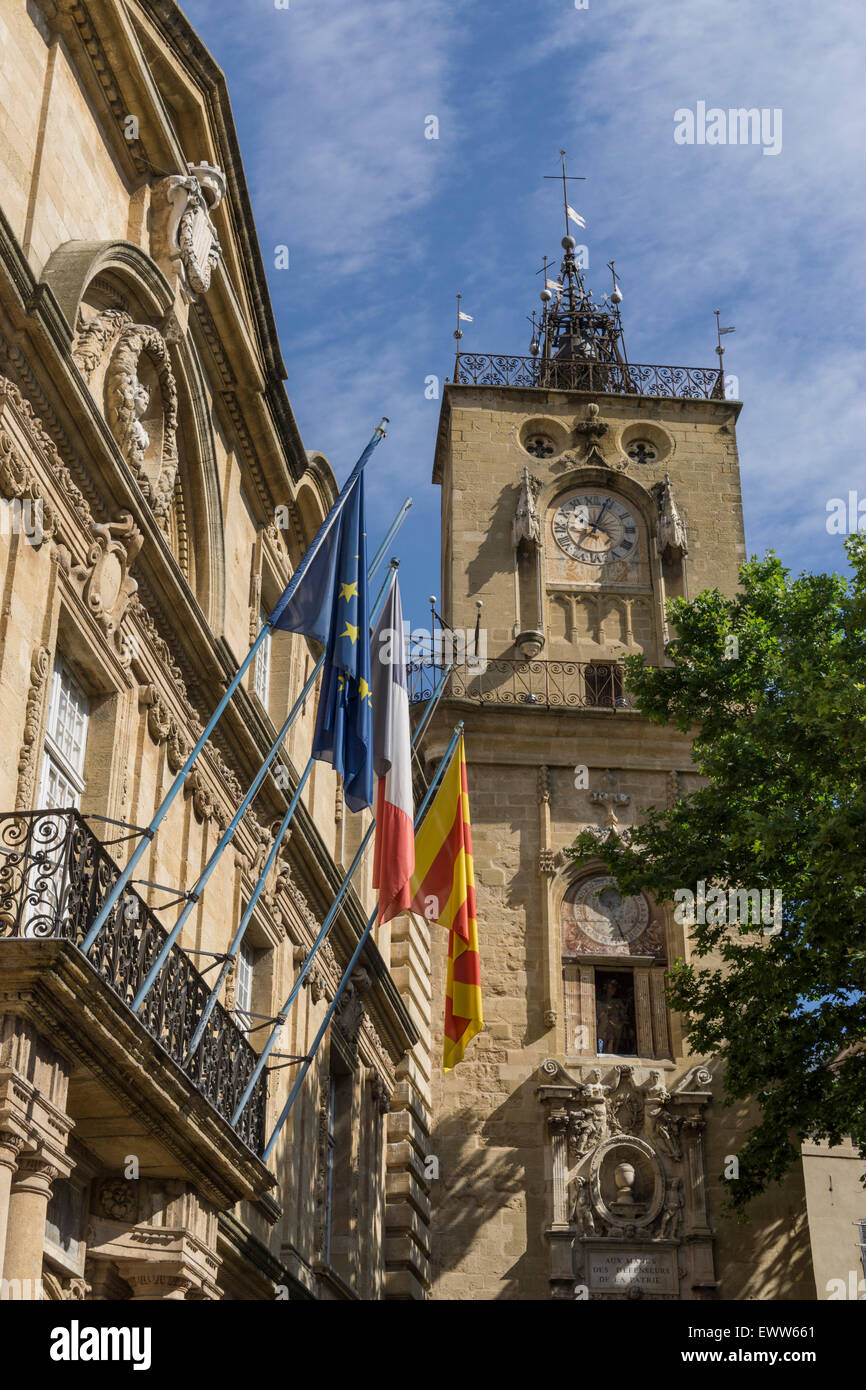 Markt Platz, Rathaus, Hôtel de Ville, Uhrturm, Aix-en-Provence Stockfoto