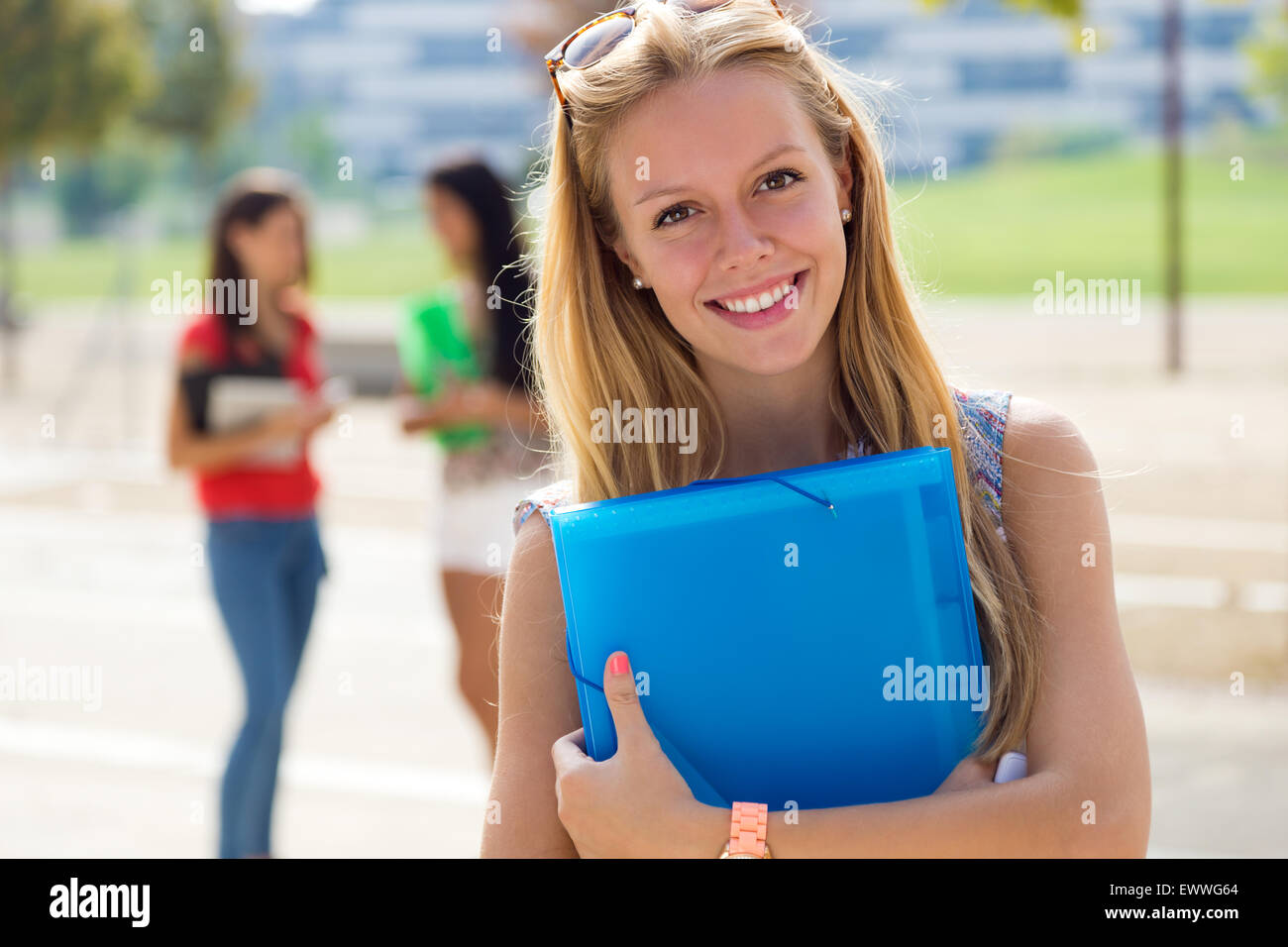 Porträt der hübsche Studentin mit ein paar Freunden auf dem campus Stockfoto