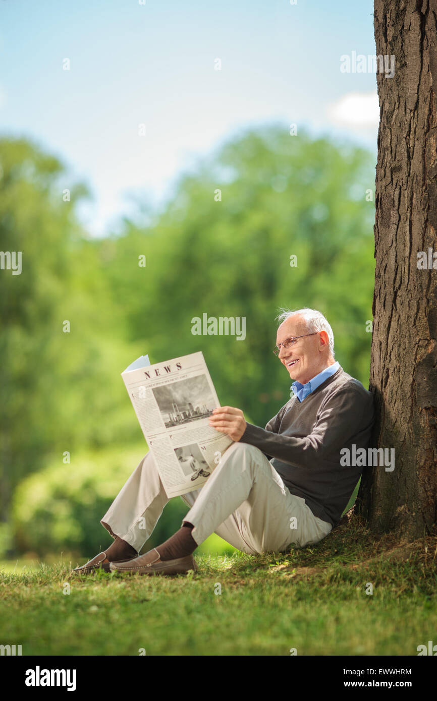 Vertikale Schuss von einem senior Mann liest Zeitung im Park und an einen Baum gelehnt, an einem Sommertag Stockfoto