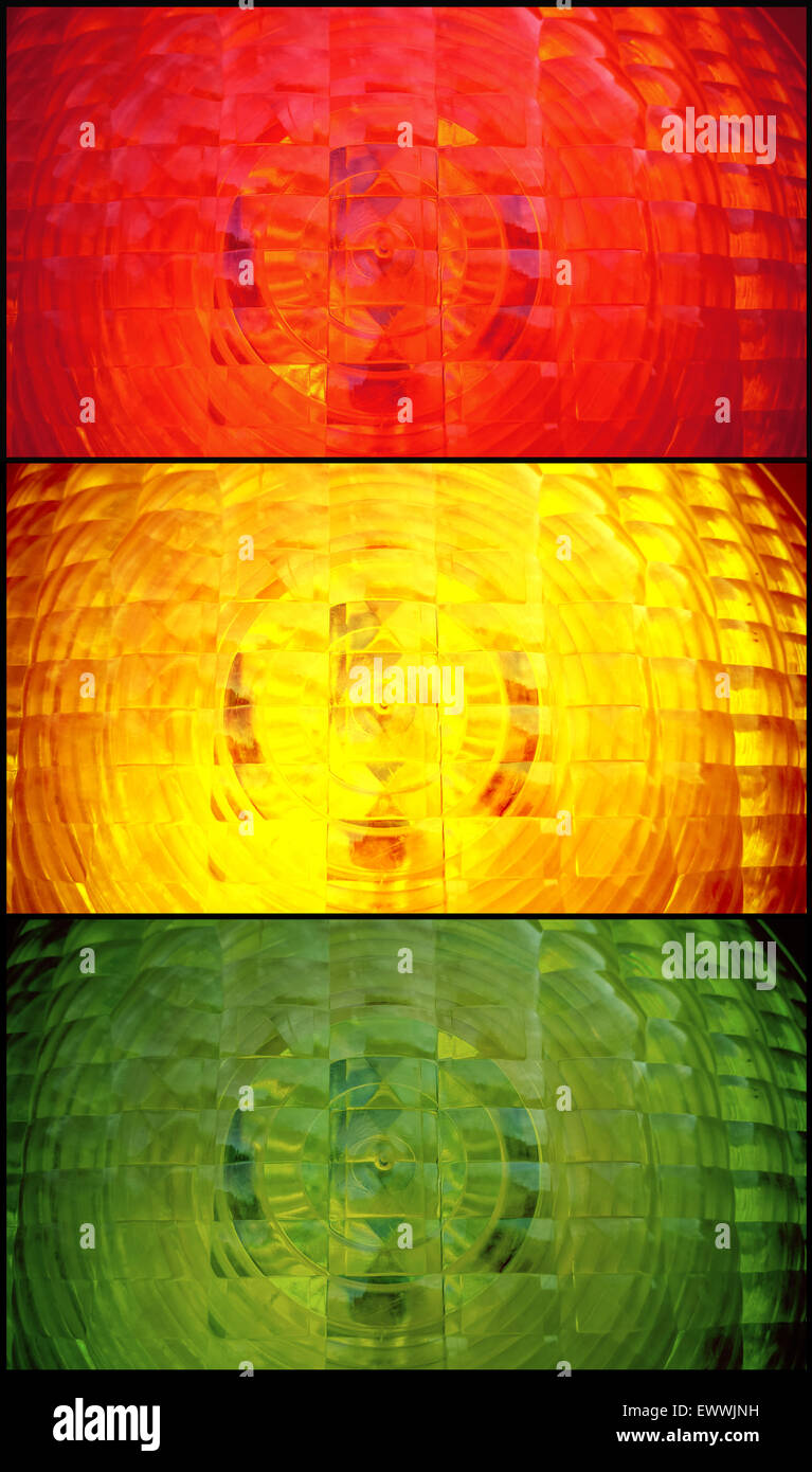 Ampel rot, gelb, grün Rampenlicht als Hintergrund, collage Stockfoto