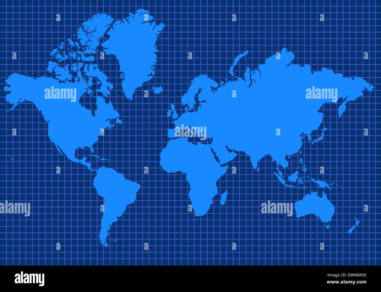 Blaue Weltkarte mit blauen Rasterlinien Stockfoto