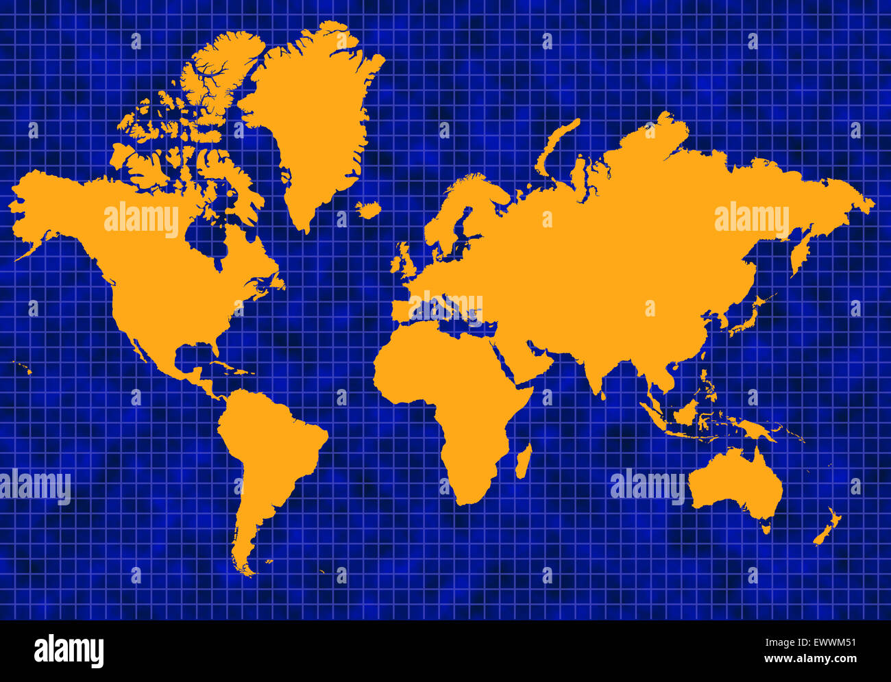 Blaue Weltkarte mit blauen Rasterlinien und gelb oder gold Kontinente Stockfoto