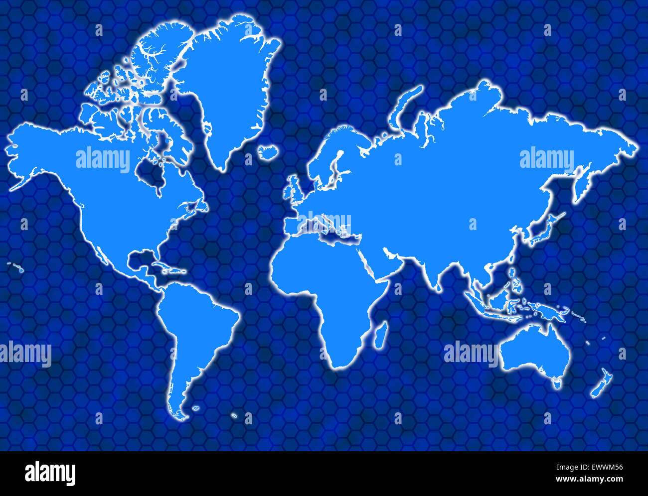 Blaue Weltkarte mit glühenden Kontinente und Hintergrund Sechsecke Stockfoto