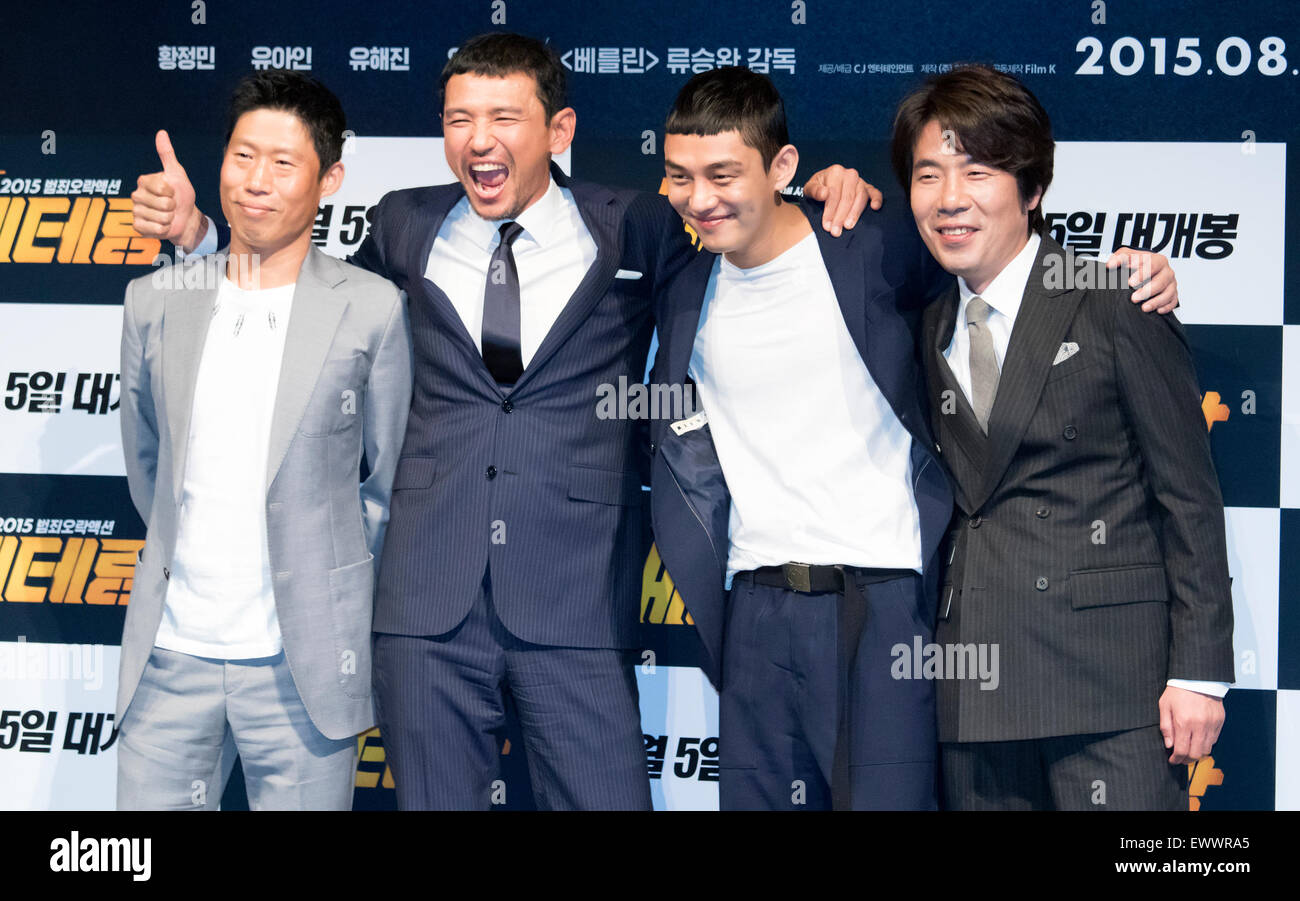 Yu Hae-Jin, Hwang Jung-Min, ･Yoo a und Oh Dal-Su, 1. Juli 2015: südkoreanischer Schauspieler (L-R) Yu Hae-Jin, Hwang Jung-min, Yoo a und Oh Dal-Su besuchen eine Präsentation des koreanischen Films, "Veteran" in Seoul, Südkorea. © Lee Jae-Won/AFLO/Alamy Live-Nachrichten Stockfoto