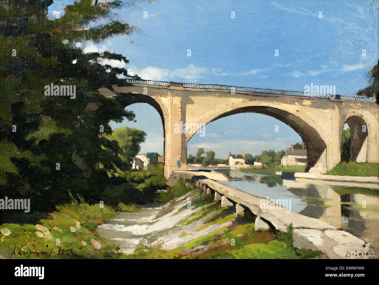 Henri Harpignies, der Eisenbahnbrücke bei Briare 1888 Öl auf Leinwand. Philbrook Museum of Art, Tulsa, USA. Stockfoto