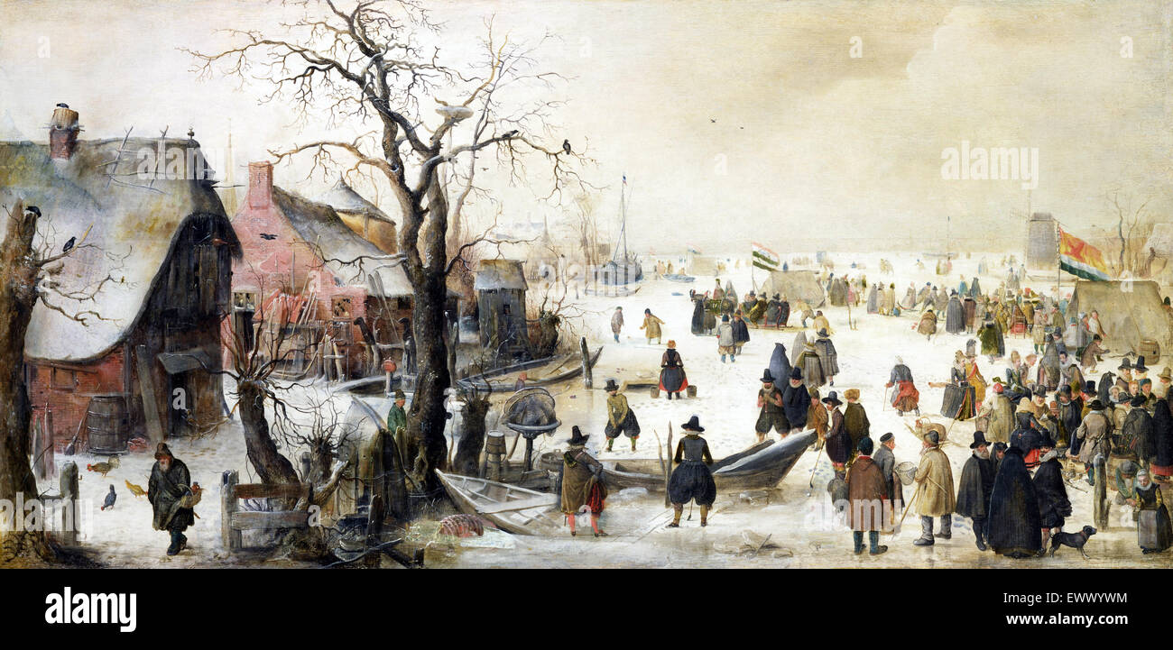 Hendrik Avercamp, Winter-Szene auf einem Kanal 1615 Öl auf Holzplatte. Toledo Museum of Art, Ohio, USA. Stockfoto