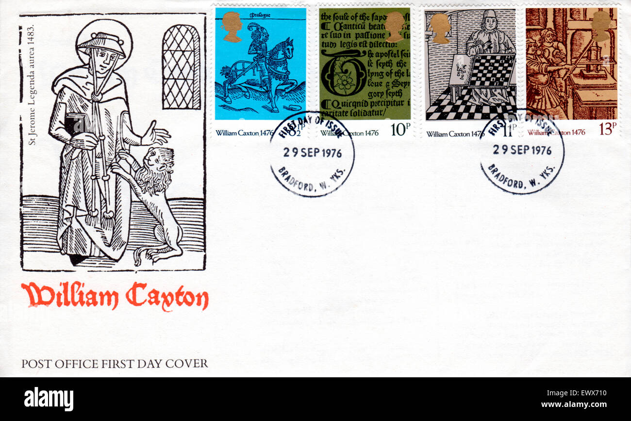 Philatelie, William Caxton 600 Jahrestag der Erfindung des Druck-UK Ersttagsbrief und Briefmarken Stockfoto