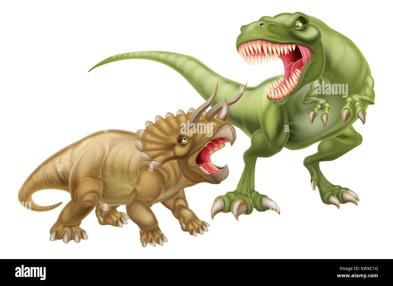 T-Rex Versus Triceratops Abbildung mit einem Tyrannosaurier Rex Angriff auf ein Triceratops Dinosaurier Stockfoto
