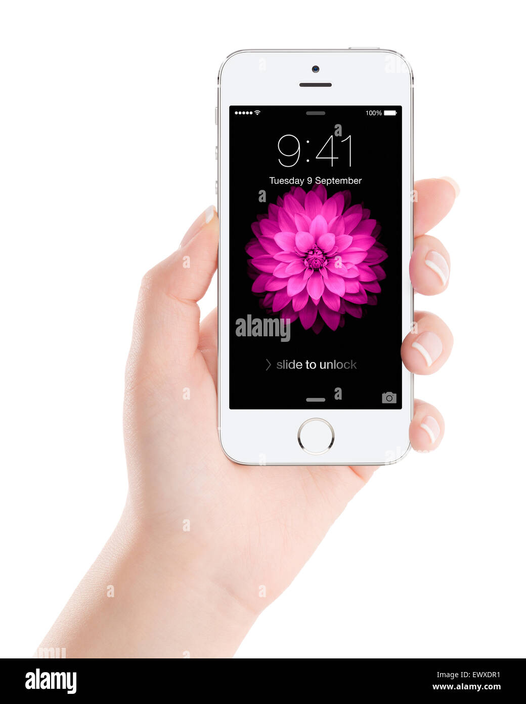 Varna, Bulgarien - 7. Dezember 2013: Weibliche Hand mit Silber Apple iPhone 5 s mit Lock-Bildschirm auf dem Display entwickelt Apple Stockfoto