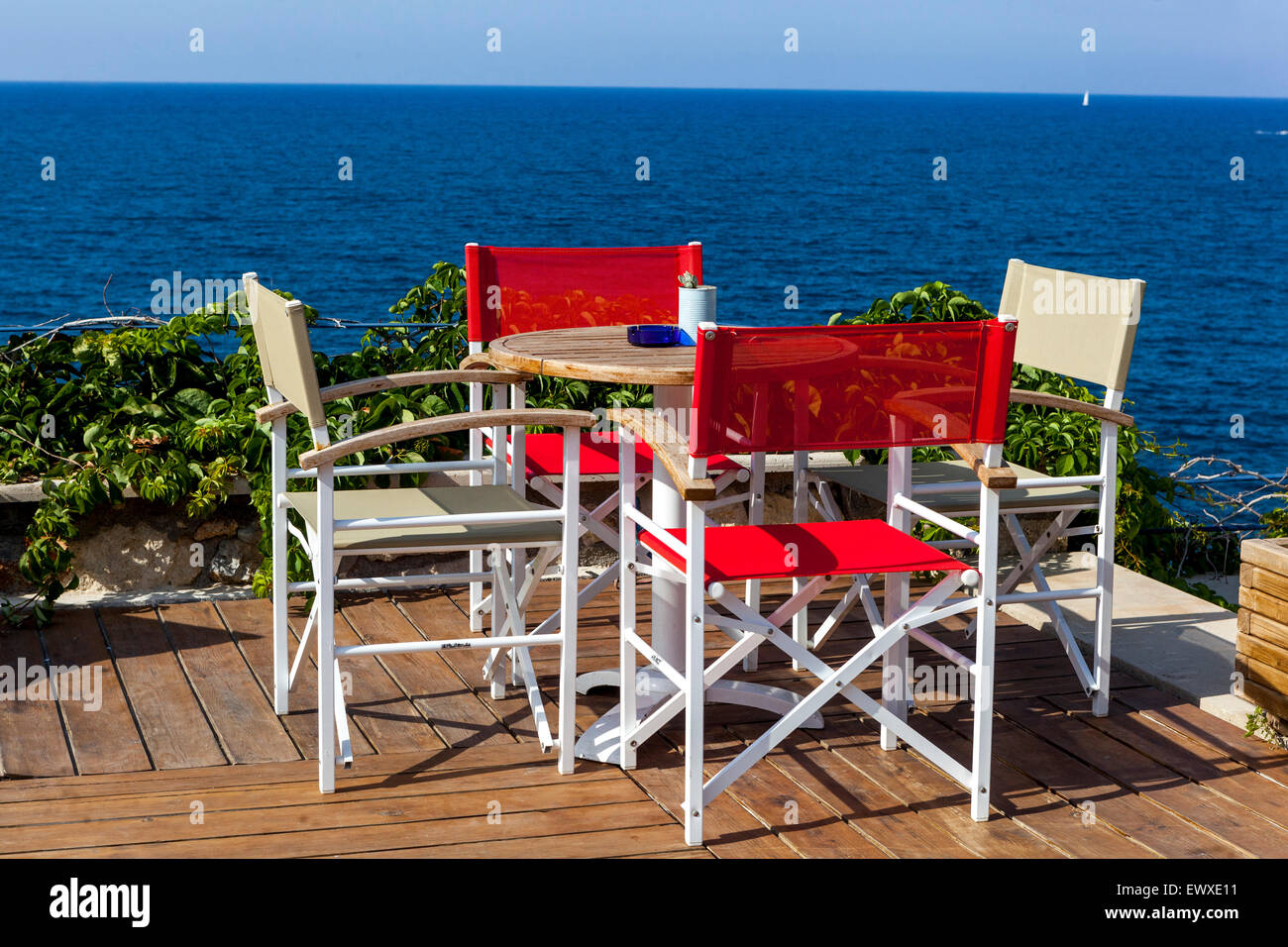 Meer Blick auf Restaurant, Rethymno, Kreta, griechische Insel, Griechenland, Europa Stockfoto