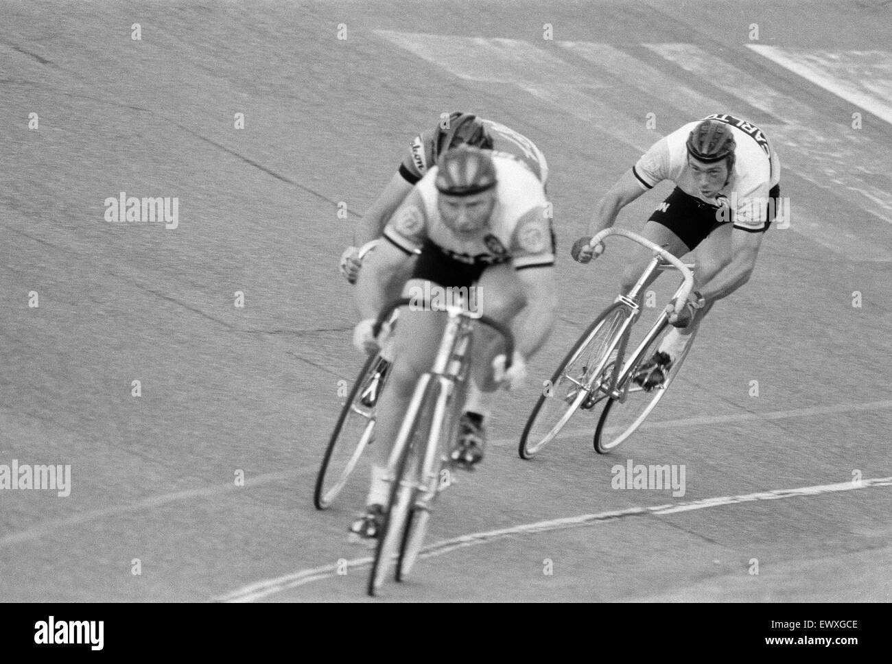 Ehemaliger Weltmeister Sprint Radrennfahrer, die, den Reg Harris Fallowfield Racing Track, Manchester abgebildet. 17. August 1971. Stockfoto