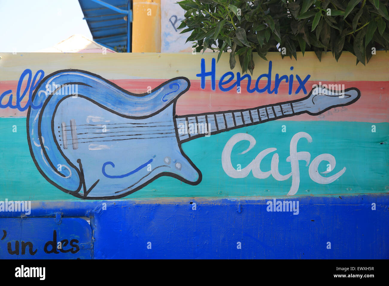 Cafe Restaurant Jimi Hendrix in Diabat, der 1960er Jahre Hippie-Stadt, in der Nähe von Essaouira in Marokko, Nordafrika Stockfoto