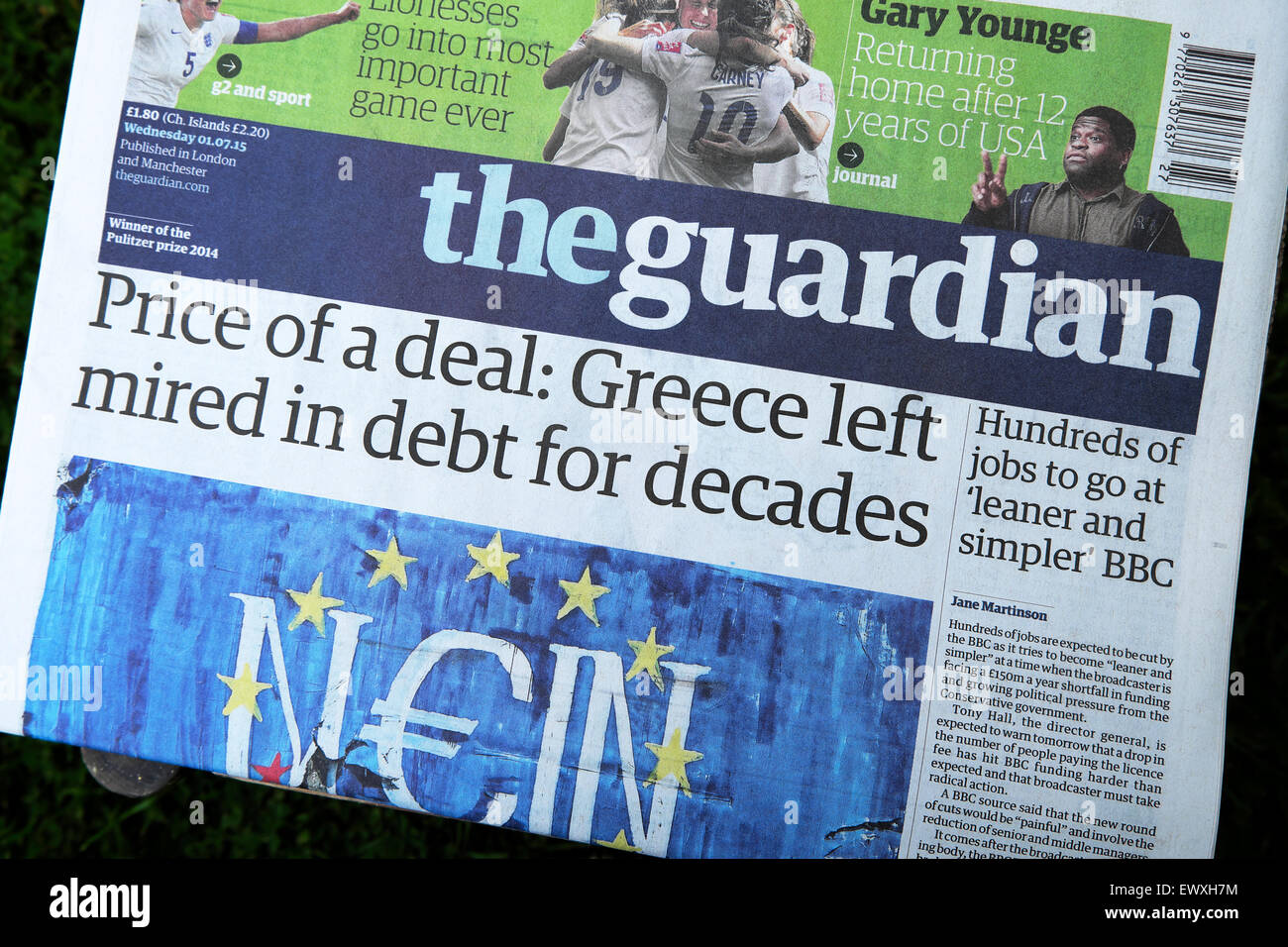 Wächter-Schlagzeile vor der Volksabstimmung am 1. Juli 2015 "Preis von einem Deal: Griechenland links stecken in Schulden für Jahrzehnte. Stockfoto