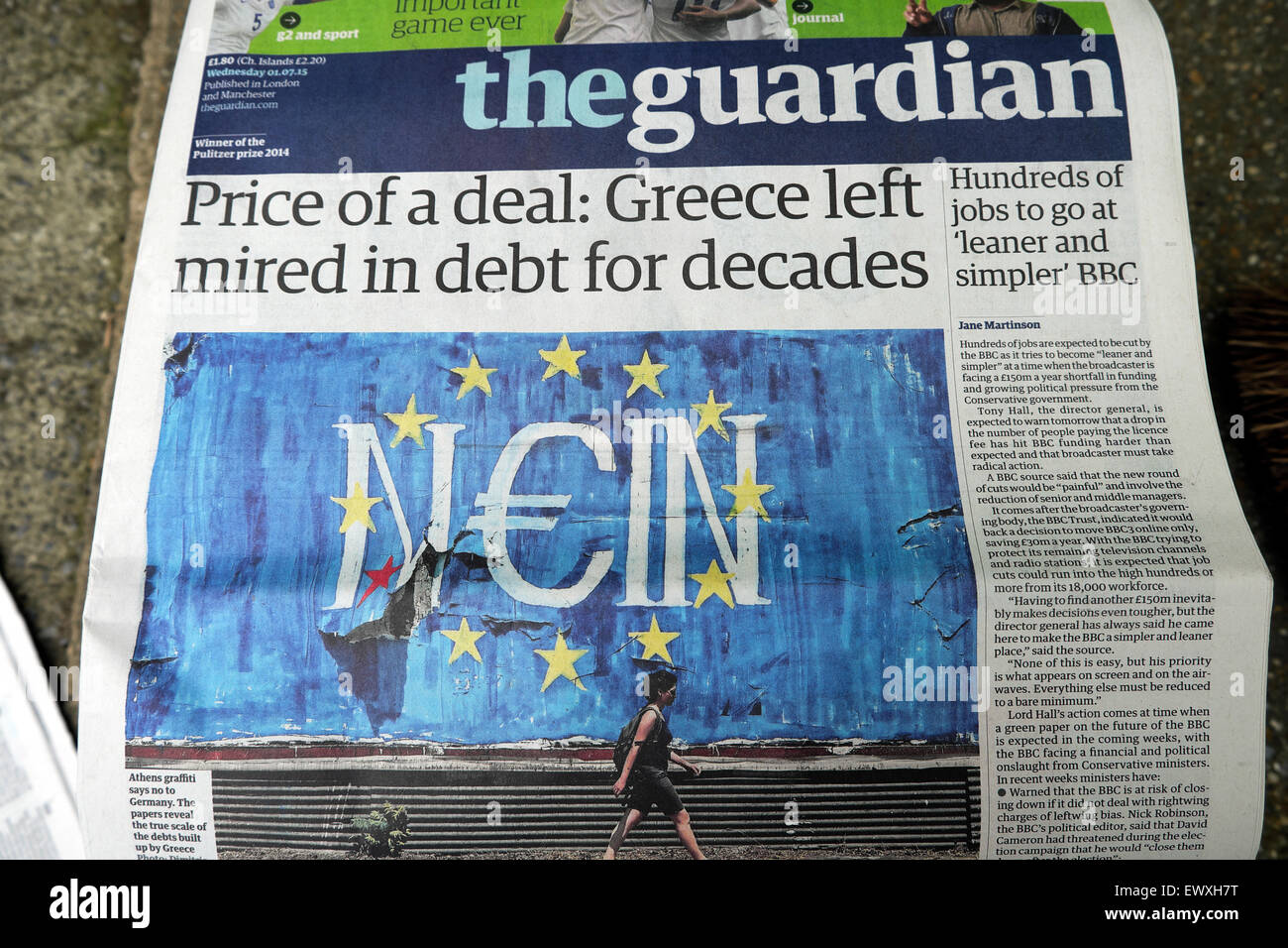 Wächter-Schlagzeile vor der Volksabstimmung am 1. Juli 2015 "Preis von einem Deal: Griechenland links stecken in Schulden für Jahrzehnte. Stockfoto