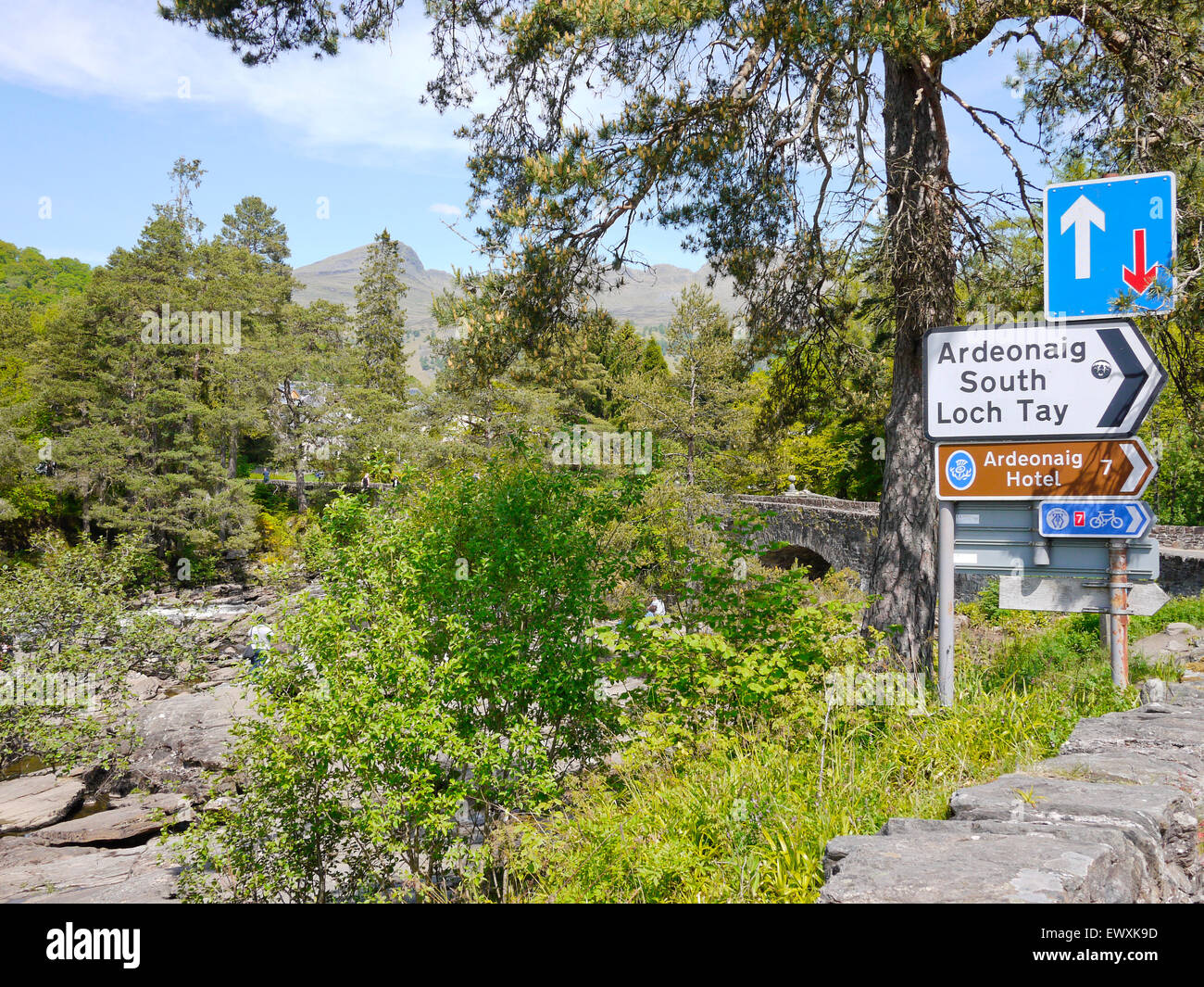 Wegweiser zu Loch Tay Killin Village, Perthshire, Highlands, Schottland, Vereinigtes Königreich. Stockfoto