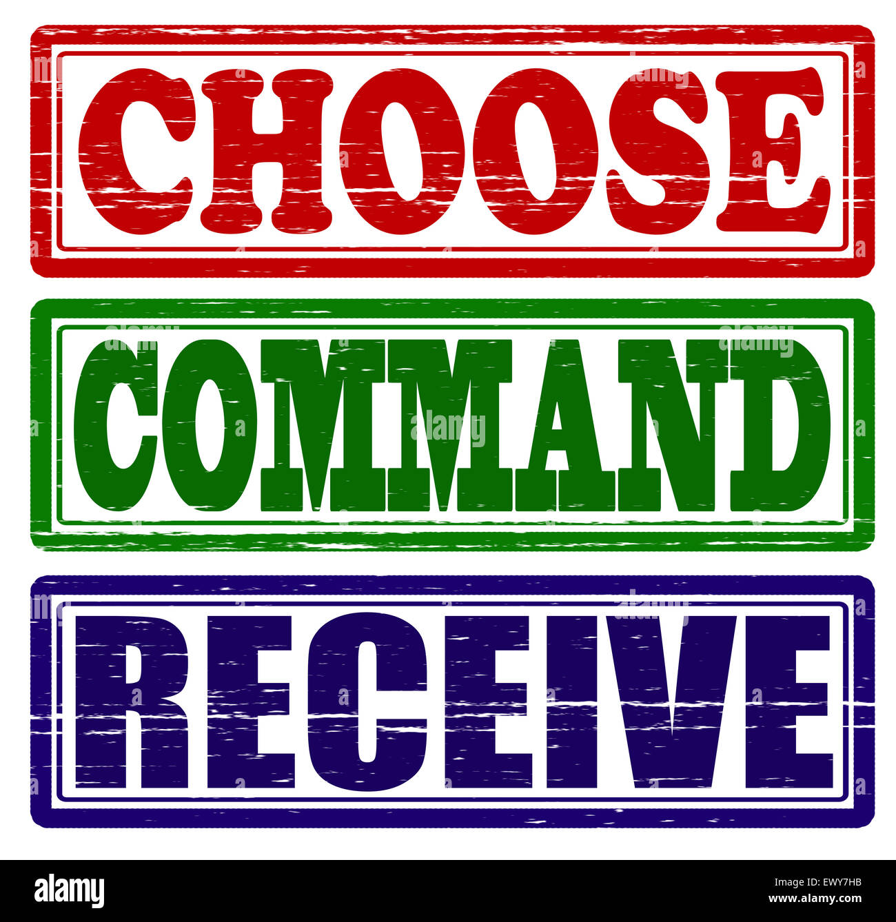 Reihe von Briefmarken mit Worten wählen, Befehl und erhalten innen, Abbildung Stockfoto