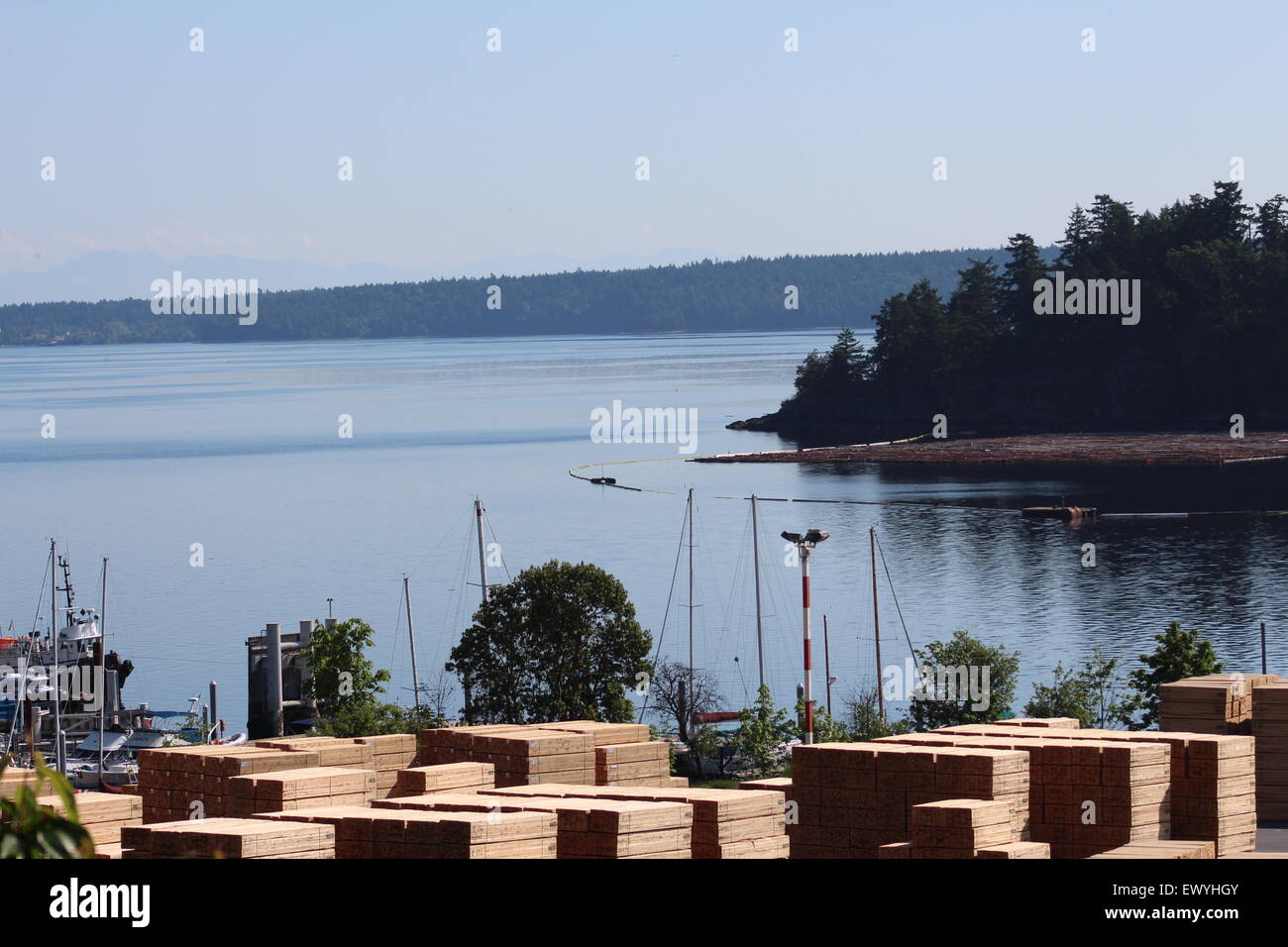 Ideale Kulisse von Bauholz Holzplatz in Kanada British Columbia, schöne Bucht, Seewasser Stockfoto