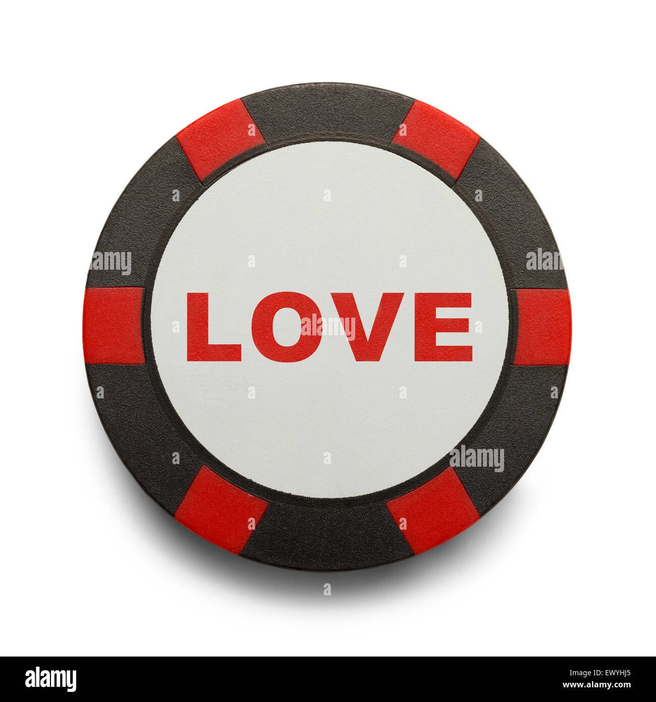 Liebe ist ein Glücksspiel Casino Chip isoliert auf weißem Hintergrund. Stockfoto