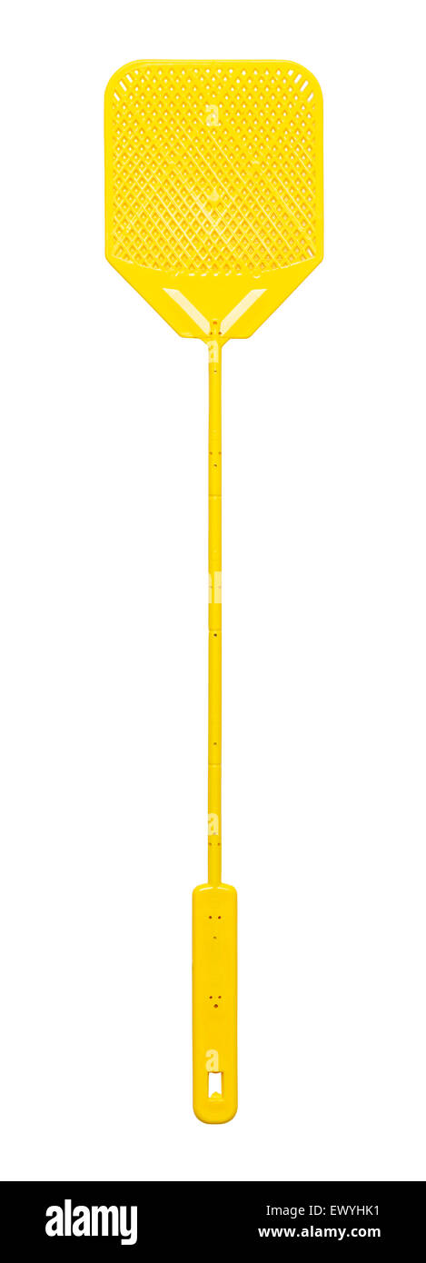Neue gelbe Kunststoff Fliegenklatsche Isolated on White Background. Stockfoto
